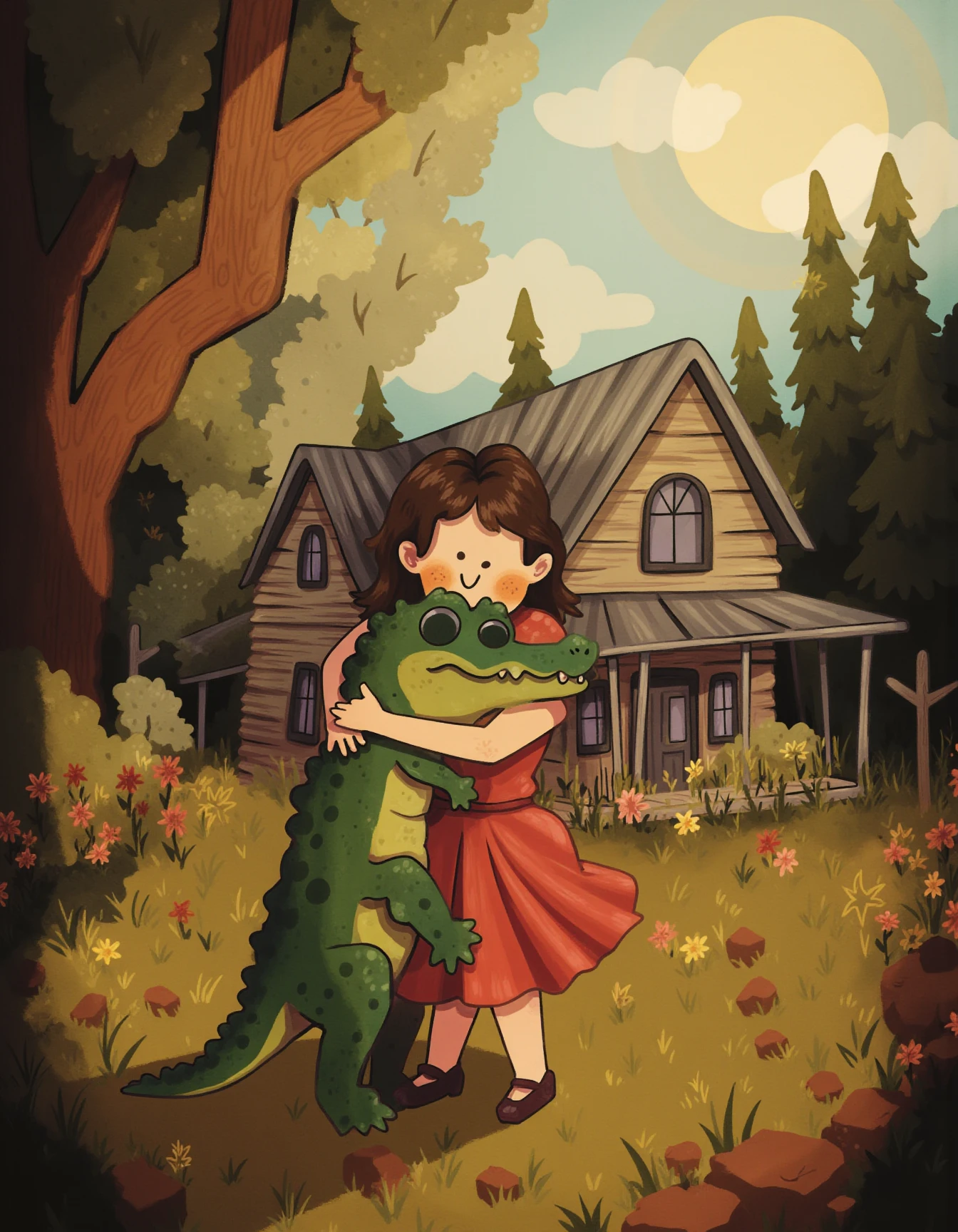 whimsyglo style image of a little girl in a red dress is hugging a friendly, cartoonish alligator in the yard of an old countryside house. The scene is bathed in the soft, warm light of a cloudy afternoon. The trees and grass are gently swaying, and thereâs a feeling of playful serenity. The colors are earthy and soft, with an organic, hand-drawn style. <lora:Whimsyglo style_epoch_19:1>