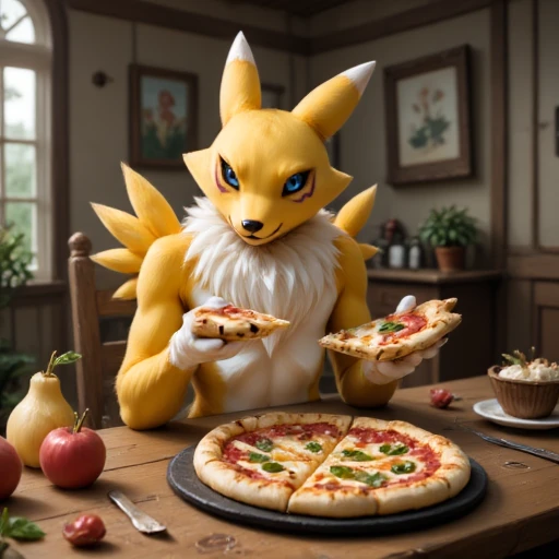 renamon, furry girl with yellow fur, eating pizza at the kitchen table