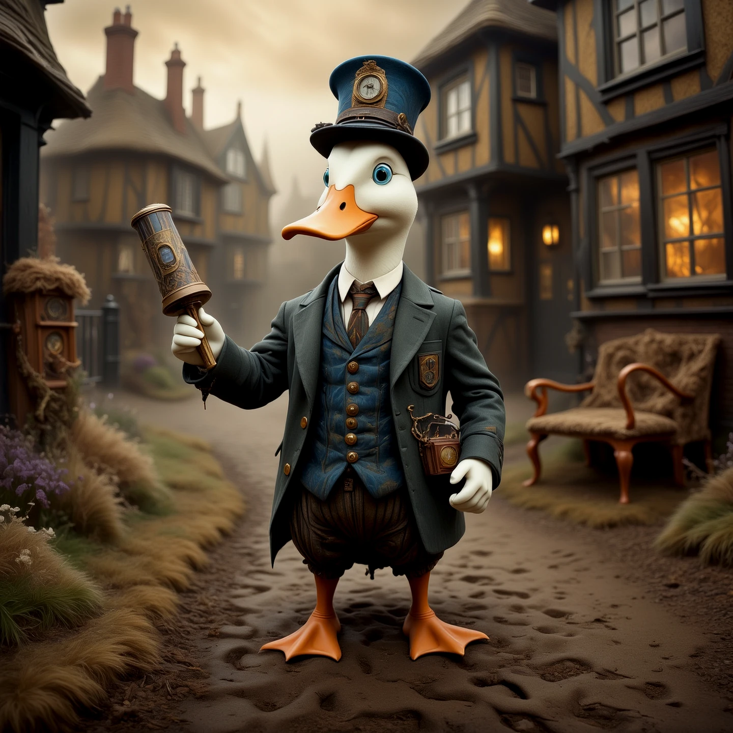 A duck dressed as a postman. 

Atmospheric. Rustic.

WhimLonCE style