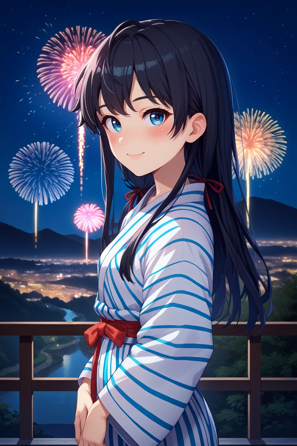 score_9, score_7_up, source_anime, from side, cowboy shot, looking at viewer, smile, blush, yno, small breasts, black hair, blue eyes, long hair, hair ribbon, red ribbon, yukata, outdoors, night, hill, skyline, fireworks, <lora:Hoseki_Oregairu_YukinoYukinoshita_PDXL_v1:1>