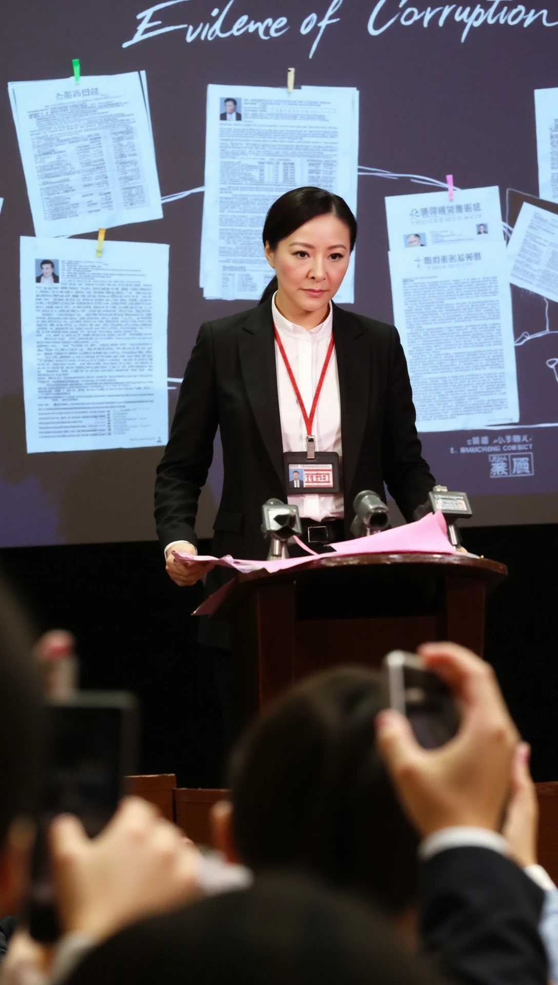 A Hong Kong ICAC investigator standing confidently at a press conference, revealing evidence of a major corruption scandal. 

The investigator, in a sharp suit, stands at a podium with press microphones and cameras pointed toward she. 

Behind the investigator is a large screen displaying documents of financial corruption and some big text reads as "Evidence of Corruption". 

The background shows a bustling press room with journalists snapping photos and taking notes. 

The investigator’s expression is calm yet assertive and making statement to the public.

The investigator is an old woman with huge breast and black hair in a black suit and white shirt.

She has a red lanyard around her neck with a name tag attached to it.