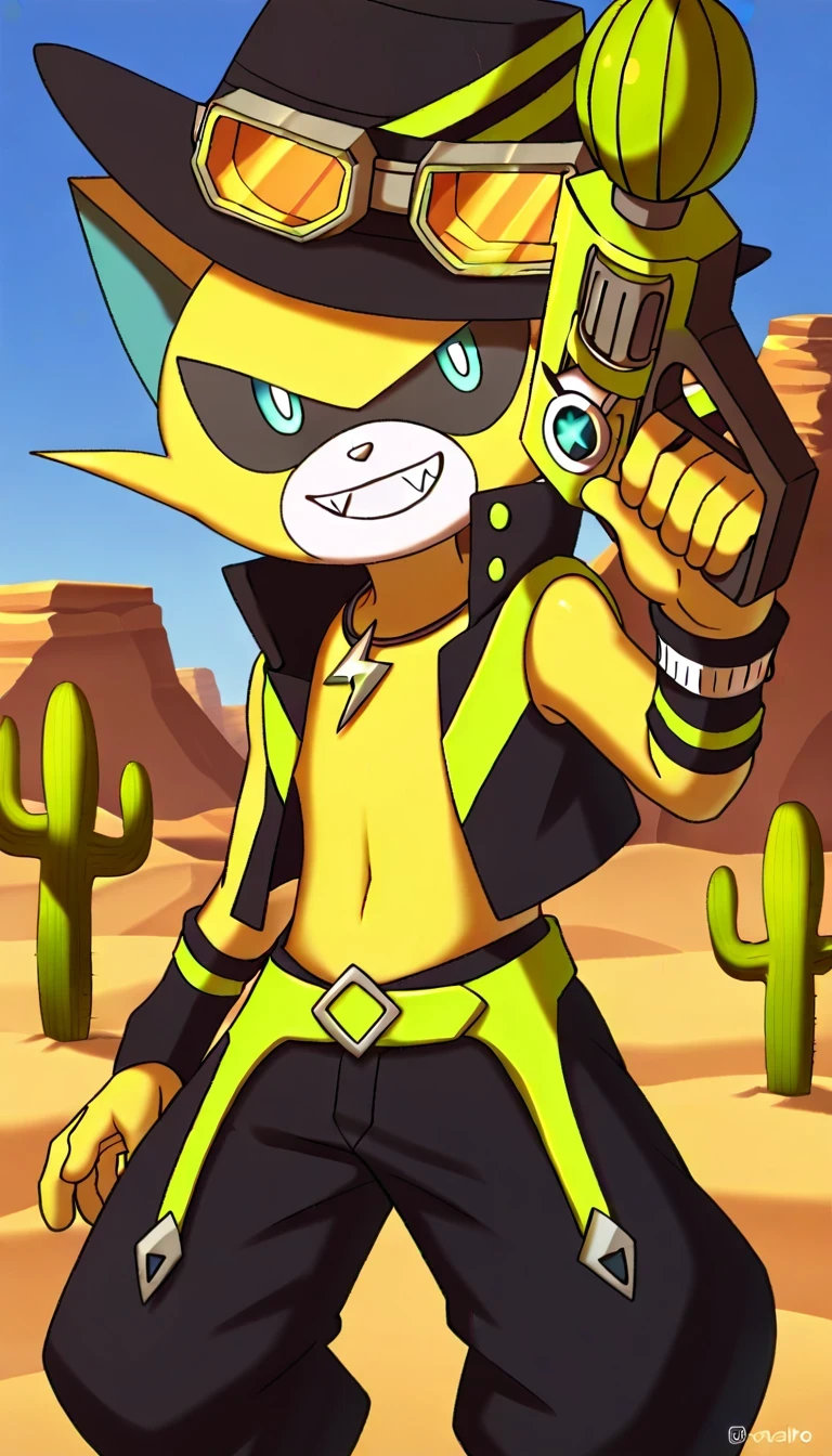 score_9, score_8, masterpiece, high quality, wild boy, yellow body, blue eyes, cat, baggy pants, cowboy hat, goggles, wrist sweatbands, 1boy, furry, furry male, solo, fangs, desert background, cactus, looking at viewer, happy, very happy, dynamic pose, holding weapon, weapon, holding gun, gun, grin