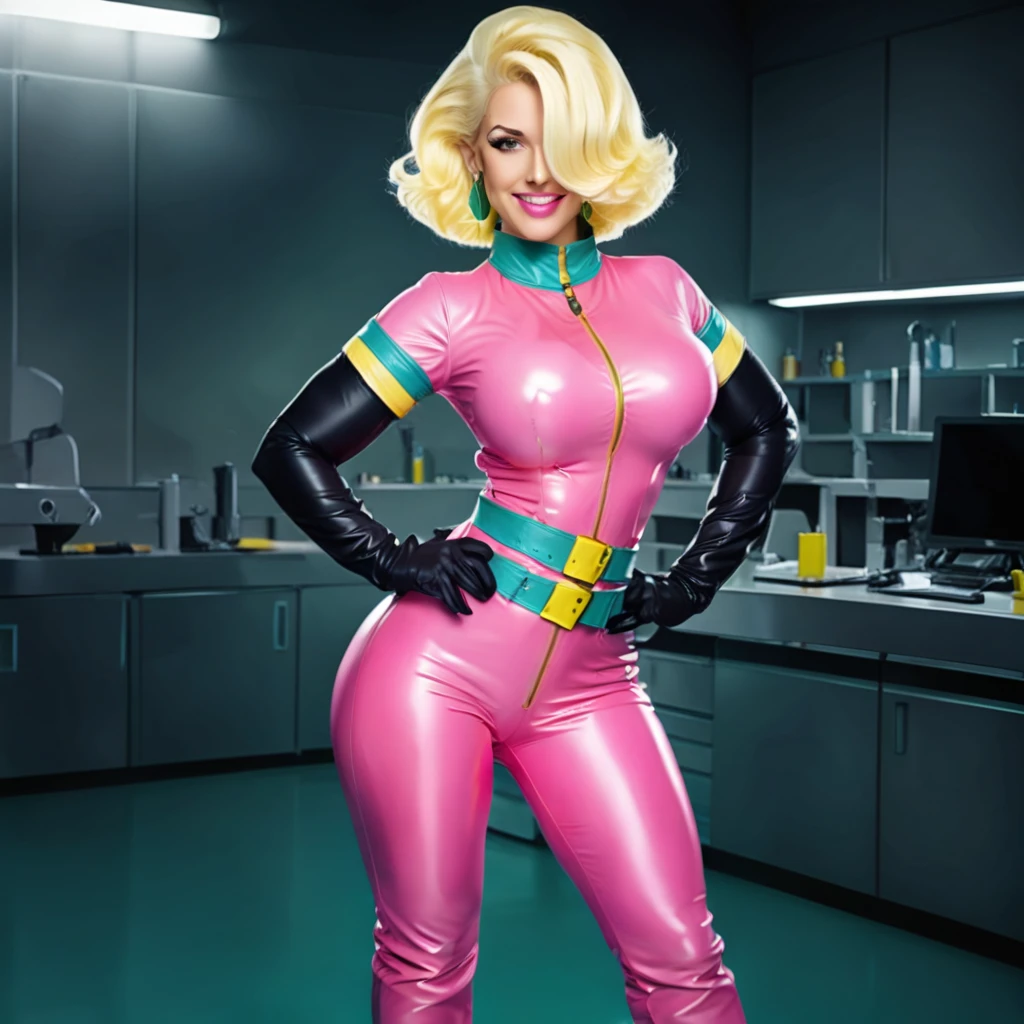 doctorblight, standing on the street, in the city, sexy woman, realistic, smooth, high details, masterpiece, 4k, smile, (blonde hair), (blonde hair with a white streak), (pink lips), (green eyes), sexy, woman, girl, (thick figure), (big breasts), (pink jumpsuit), (tight pink jumpsuit with yellow elements), (turquoise collar), (yellow zipper), (turquoise belt with yellow buckles), (long black gloves), (high black high heeled boots), (confident), (black eyebrows), (short sleeve top), (turquoise seams), (hair over one eye), (green earrings), (skin tight pink jumpsuit)