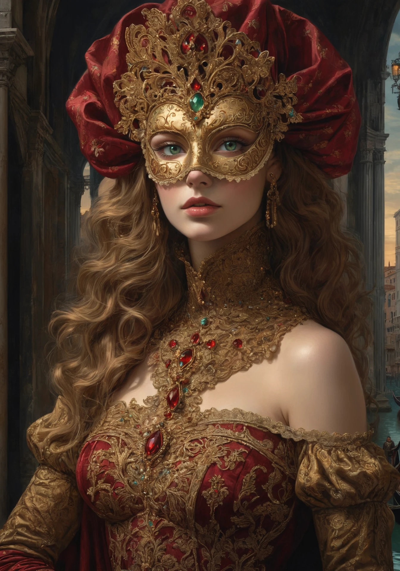 (Portrait, looking at viewer), (analog:1.4), (concept art), (Young woman in Venetian masquerade), (Intricate costume and highly detailed traditional Venetian mask and embroidery), ((French features)), refined, distinctive and intricate, beautiful facial features, (detailed enchanting green eyes), Golden details, (((dark red and gold theme))), background is the Bridge of Sighs in Venice at night, (Dark Theme), In the style of Victoria Frances and Daria Endresen, (Mysterious ambiance, at night), ultra-fine photorealistic digital art, (photorealistic:1.5), (oil painting:1.25), fantasy style, intricate, detailed, (good anatomy, good proportions, good composition, award winning, best quality, masterpiece:1.45), good highlights, good shading, volumetric lighting, dark theme, (mature adult:1.3), (realistic textures), detailed fabrics, perfect lighting, subsurface scattering, perfect body, perfect proportions, highly detailed, (comic book illustration:1.2), (fantasy art style)