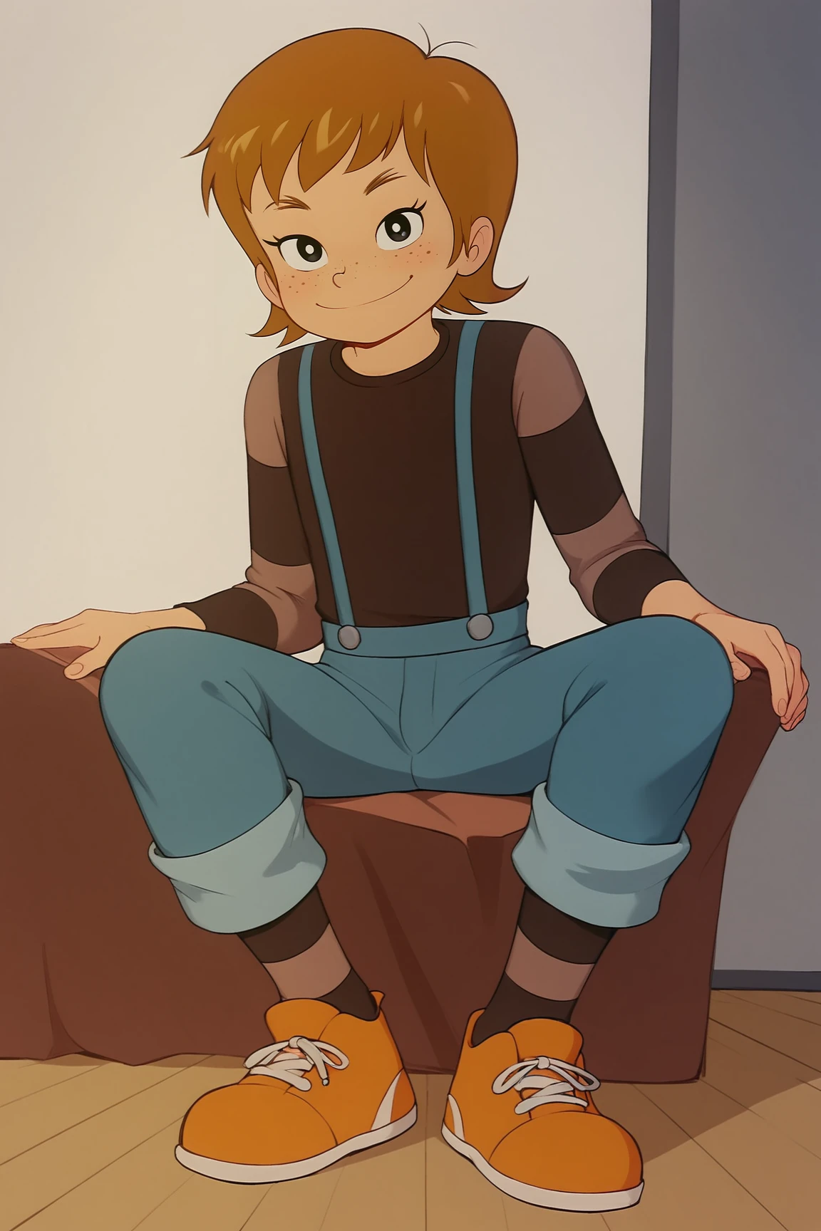 score_9, score_8_up, score_7_up, score_6_up, BREAK, RabiMMXL, black eyes, brown hair, short hair, bangs, freckles, 1boy, flat chest, brown striped shirt, long sleeves, suspenders, blue pants, striped socks, orange shoes, solo, full body, sitting, bellow view, seductive smile, looking at viewer, indoors <lora:RabiMMXL:1>