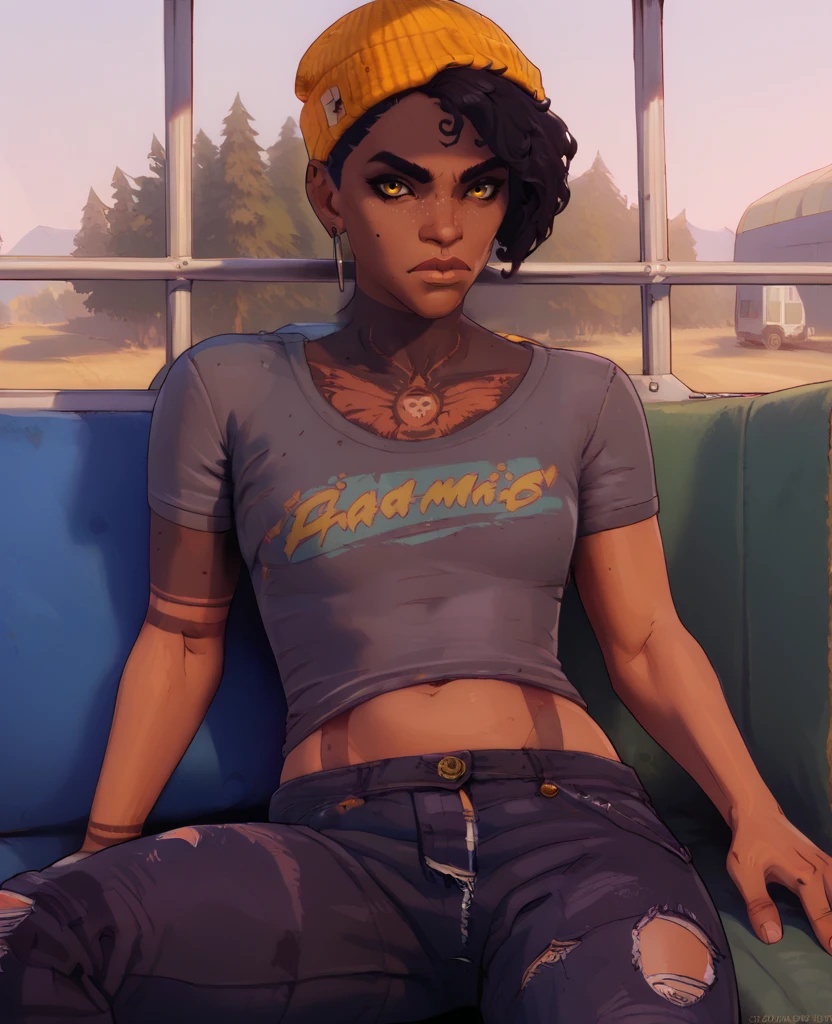 score_9,score_8_up,score_7_up,
PaxXL,yellow eyes,black hair,short hair,serious,
grey shirt,tattoo,stomach tattoo,yellow beanie,torn jeans,midriff,
single earring,looking at viewer,
leaning back,
outdoors,camp,bus,
<lora:PaxXL:0.9>,