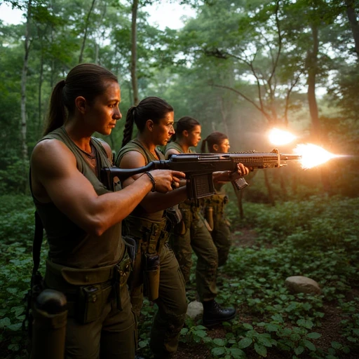 image a photorealistic depection of three muscular female catachan fighters fire their rifles into the jungle at an unseen foe