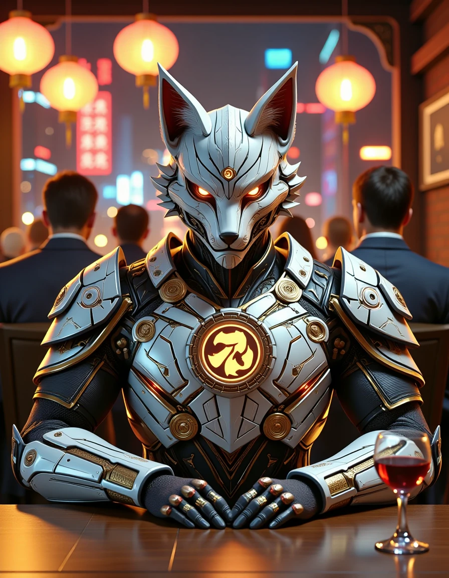 A soldier dressed in fox-themed armor is sitting in a bar with a glass of red wine on the table.