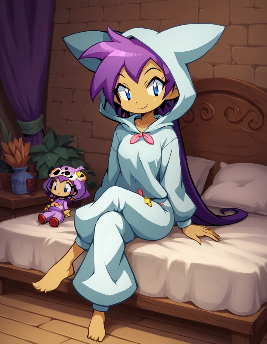 <lora:ShantaePony1.0:0.9> ,cowboy shot,  looking at viewer,standing, score_9, score_8_up, score_7_up, score_6_up, score_5_up, score_4_up , 1girl, Shantae, shantae, pajamas, 1girl, purple hair, solo, blue eyes, hood, dark skin, smile, animal hood, doll, barefoot, looking at viewer, pillow, animal ears, bed,sitting, crossed legs,