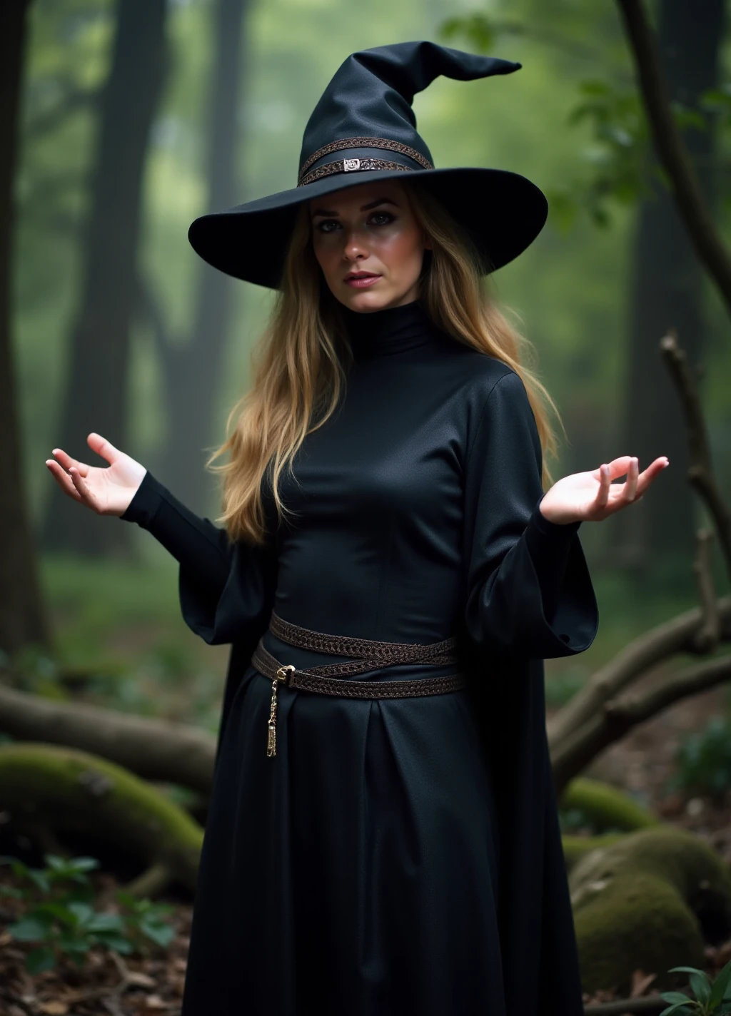 Piper is a woman dressed as a witch. she wears a turtleneck witch outfit. she is casting spells. fantasy scenery <lora:PiperV2:0.9>