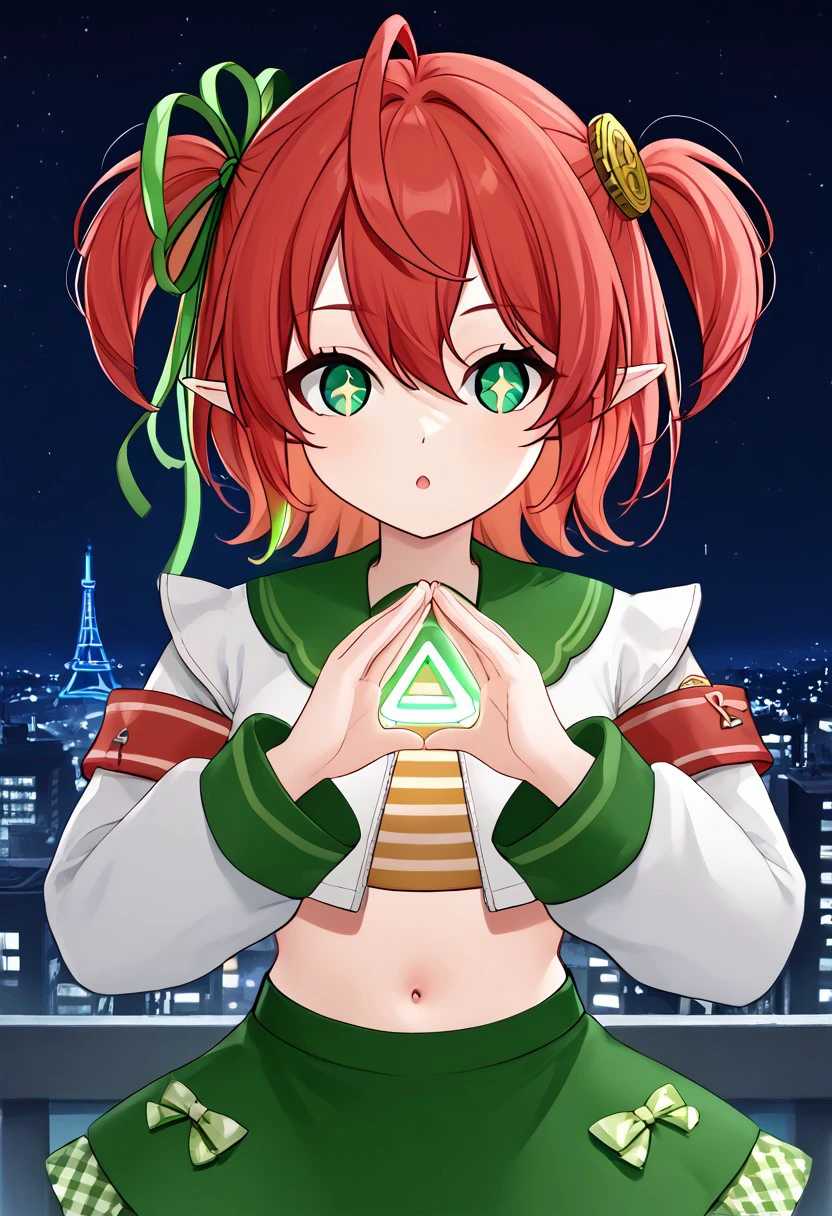 1girl, solo, highres, FuyoCloverfield, green eyes, bangs, hair ribbon, hair between eyes, green ribbon, red hair, ahoge, short hair, two side up, pointy ears, hair ornament,
navel, long sleeves, midriff, crop top, white shirt, sleeves past wrists, green sailor collar, armband, striped, green skirt, striped thighhighs,
triangle_hands, steepled fingers, hands up, own hands together, index finger together,
dark, night, night sky, cityscape, neon light, rooftop, backlighting,