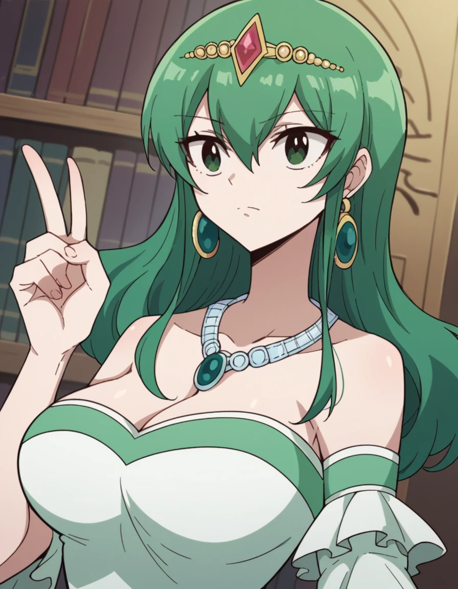 score_9, score_8_up, score_7_up, source_anime, <lora:hisui-fiore-anime-ponyxl-lora-nochekaiser:1>, hisui, long hair, green eyes, green hair, hair between eyes, large breasts,, dress, cleavage, bare shoulders, jewelry, earrings, necklace, tiara, crown,, bookstore, browsing shelves, new book smell, finding a favorite, quiet atmosphere, , , hand making a peace sign, solo,, cowboy shot, dutch angle