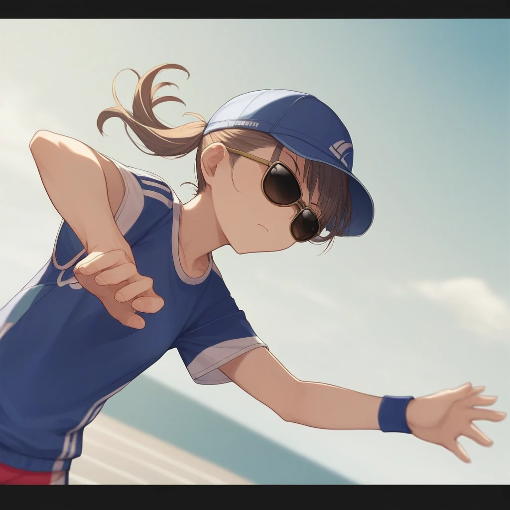 score_9, score_8_up, score_7_up, score_6_up, score_5_up, score_4_up, zPDXL2,source_anime,rating_questionable, 1girl, solo, skewed camera angle, dynamic pose, sunglasses, cap, sportswear, <lora:Letterbox:0> letterboxed,