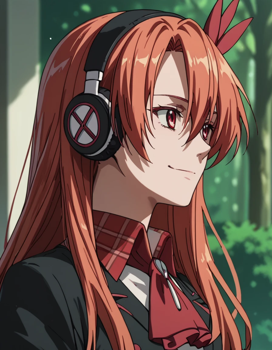 score_9, score_8_up, score_7_up, score_6_up, score_5_up, score_4_up, source_anime  <lora:AkamegaKill:1>, wide shot, soft smile Chelsea, long hair, hair ornament, red eyes, red hair, ascot, headphones,