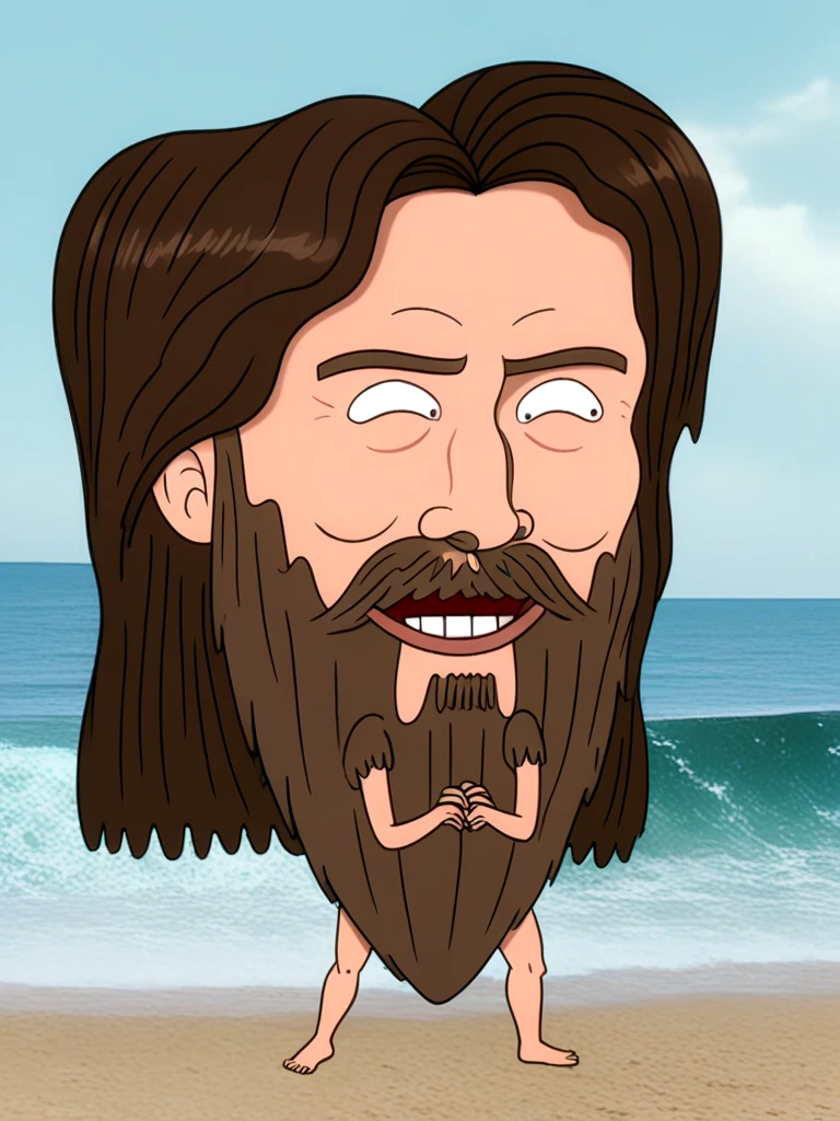 <lora:Garrett_Bobby_Ferguson_Giant_Bearded_Face PON:0.8> garrett bobby ferguson, giant bearded face, giant head, brown hair, facial hair, beard, mustache, arms and legs coming out of beard, long hair, outdoors, beach, sunglasses, surfing, surf board, ocean, waves, beautiful day, cool dude, laughing,  arms out to keep self steady,, source_cartoon, score_9, score_8_up, score_7_up,