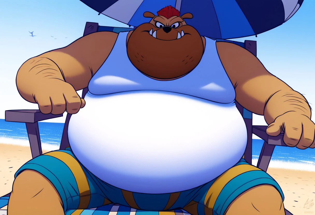 White tank top, shorts, fangs, black eyes, 2d, no humans, solo, Anthropomorphic, detail background, 4k, masterpiece, best quality, highly detailed, smooth lines, countershading, high shading, 2d, extreme detail, 4K, high definition, high resolution, overweight male, sitting, beach chair, under umbrella, spread legs, beach background, relaxing pose, profile view, good angle, close up