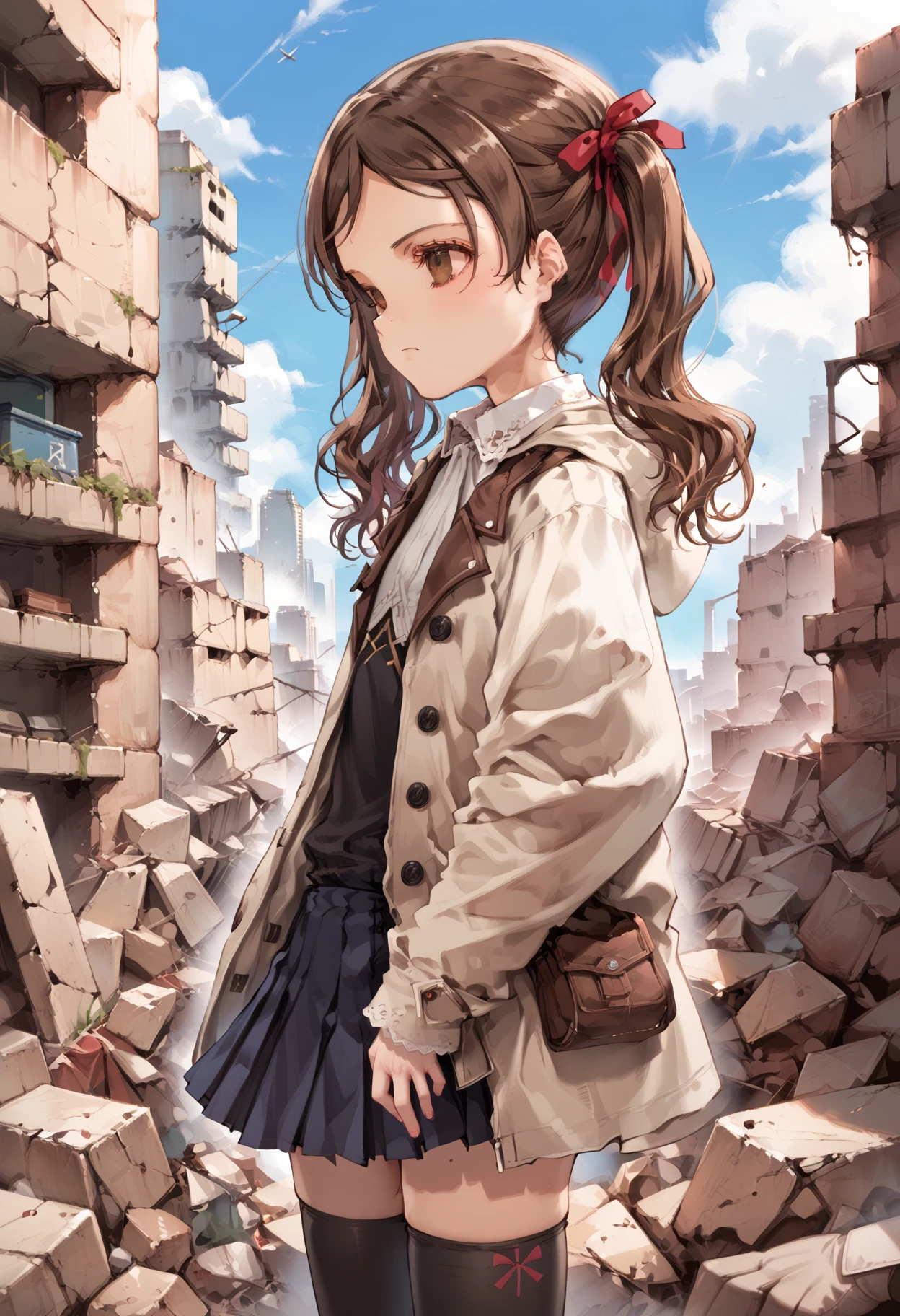 score_9,score_8_up,score_7_up,source_anime BREAK masterpiece,best quality,very aesthetic,absurdres,1girl,
<lora:sayu_p_v1:1>,sayu,twintails,brown eyes,brown hair,hair ribbon,duffel_coat,white blouse,black_thighhighs,pleated_skirt,doc_martens,<lora:Fixhands_anime_bdsqlsz_V1:1>,standing,expressionless,face_focus,Skyscraper,city,rubble_ruins,in winter,upper_body,profile,looking_up,front view,, masterpiece,best quality, very aesthetic, absurdres, ultra detailed, high resolution, 4k, extremely detailed CG,