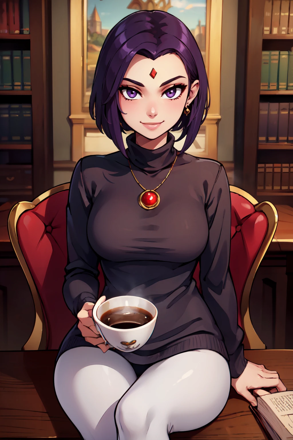 ((masterpiece,best quality)), absurdres,  BREAK, , <lora:RavenDC_v2:0.8>, zzRaven, purple hair, grey skin, forehead jewel,, BREAK, turtleneck sweater, earrings, library, cup of coffee, sitting at table, BREAK, solo, smile, looking at viewer, cowboy shot,