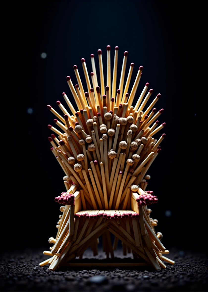 m4tchst1ck, game of thrones, the throne, in a dark throne room.
the logo "GAME OF MATCHES" is write on the picture, dust, particles, volumetric light