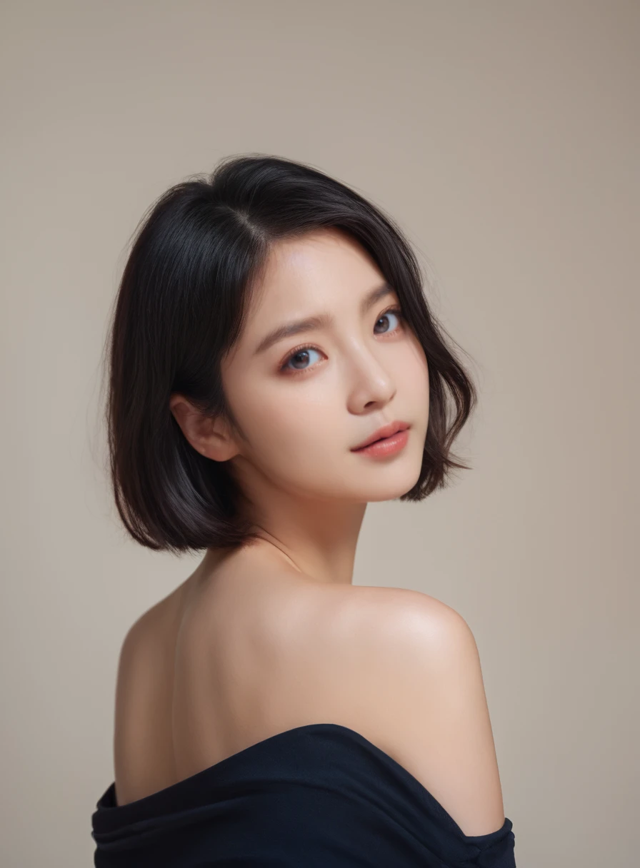 realistic, photorealistic, score_9,score_8_up,score_7_up, 20 years old, 8k, hd, beautiful girl, black hair, short hair,
1girl, detailed face, beautiful woman's face, looking at viewer, ((simple background)), offshoulder top,