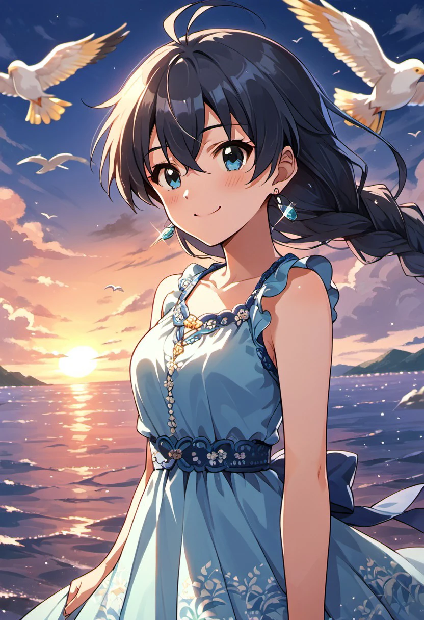 score_9, score_8_up, score_7_up, source_anime,ganaha hibiki, long hair, black hair, blue eyes, 1girl, bird, braid, dress, sunset, earrings, ocean, solo, jewelry, smile, blush, blue dress