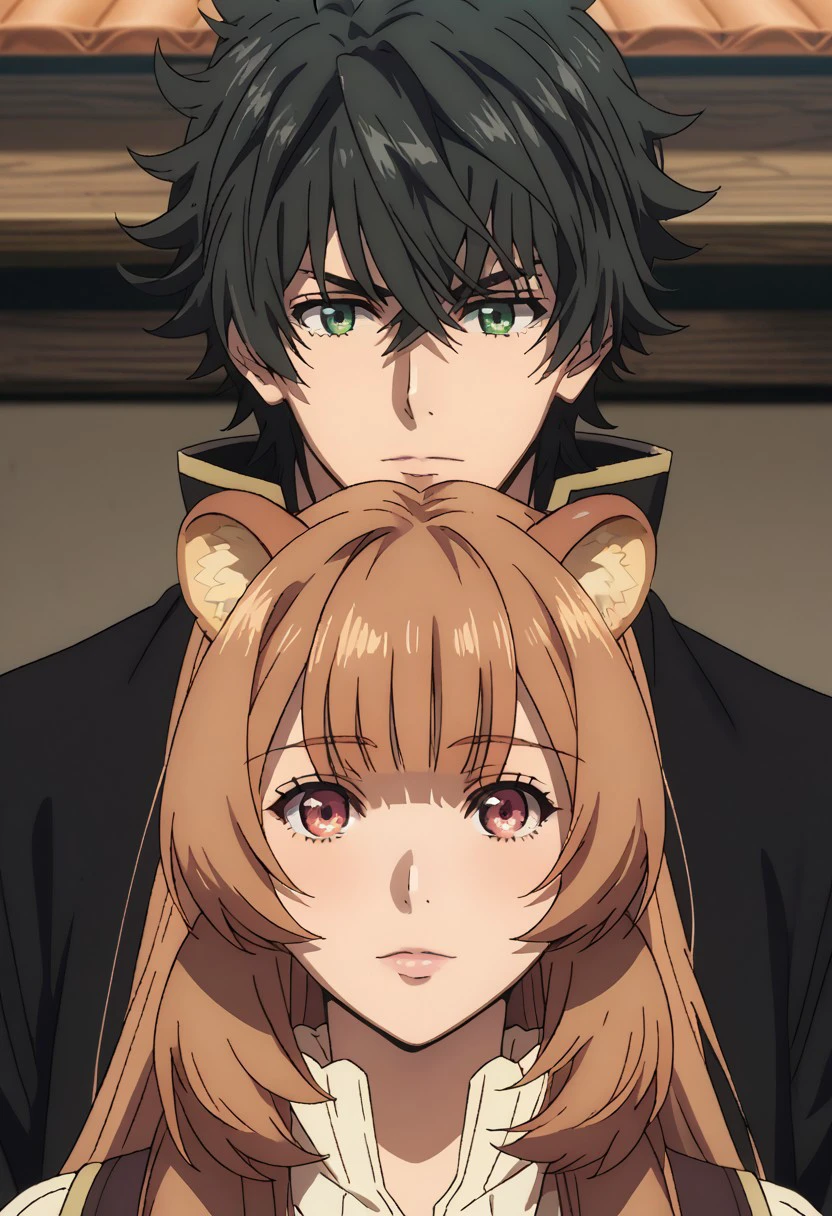 score_9, score_8_up, score_7_up, source_anime, rating_safe, NaofumiSH, black_Naofumi_hair, green_Naofumi_eyes, raphtalia, couple focus, 1boy, 1girl, anime screencap