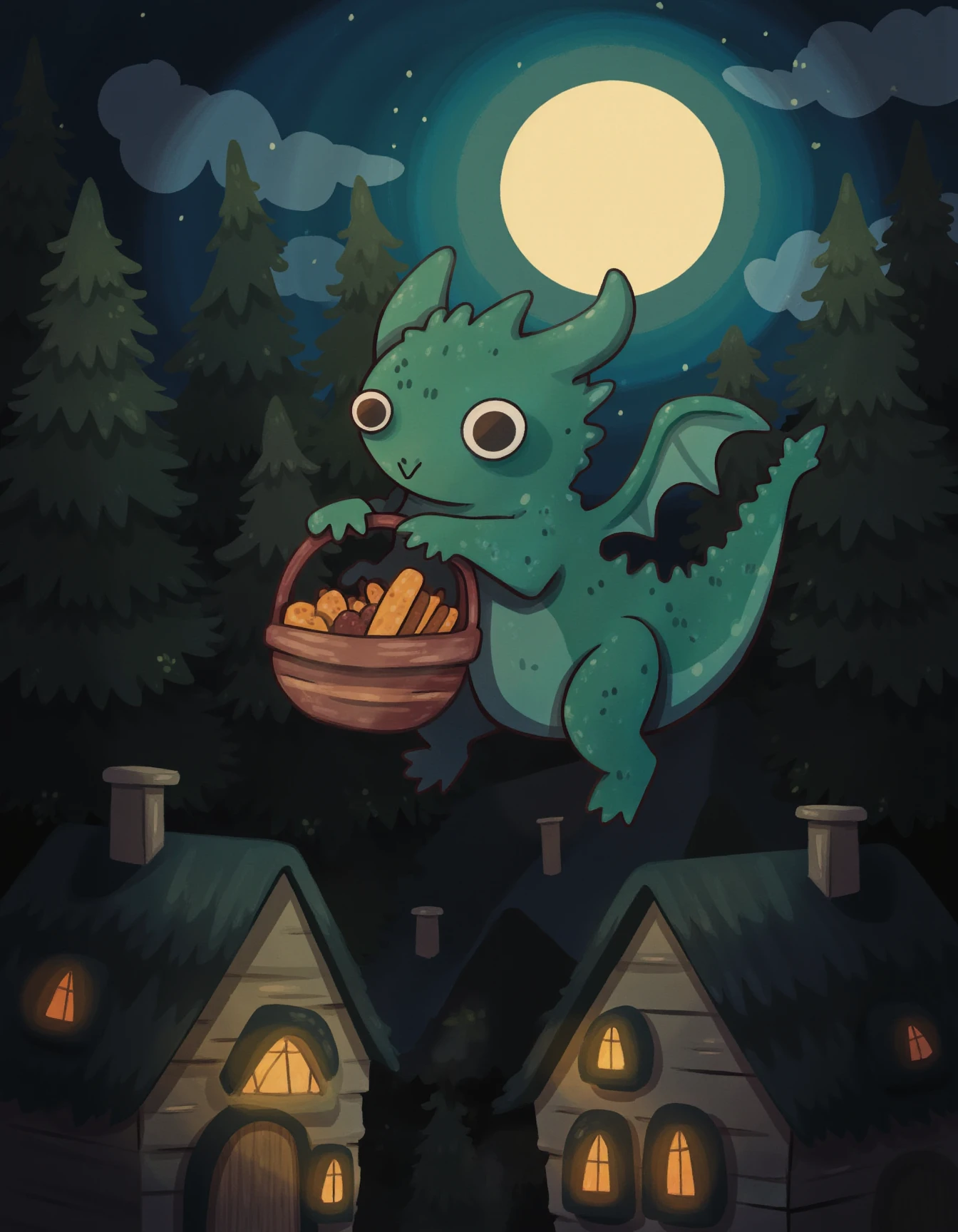 whimsyglo style image of a small, chubby dragon with soft, rounded wings is flying over a cozy village nestled between tall pine trees under the soft glow of the moon. The dragon carries a basket full of warm bread and fruits, with glowing windows of cottages below creating a serene, night-time atmosphere. The colors are warm and muted, with soft lighting and gentle shadows.  <lora:Whimsyglo style_epoch_19:1>