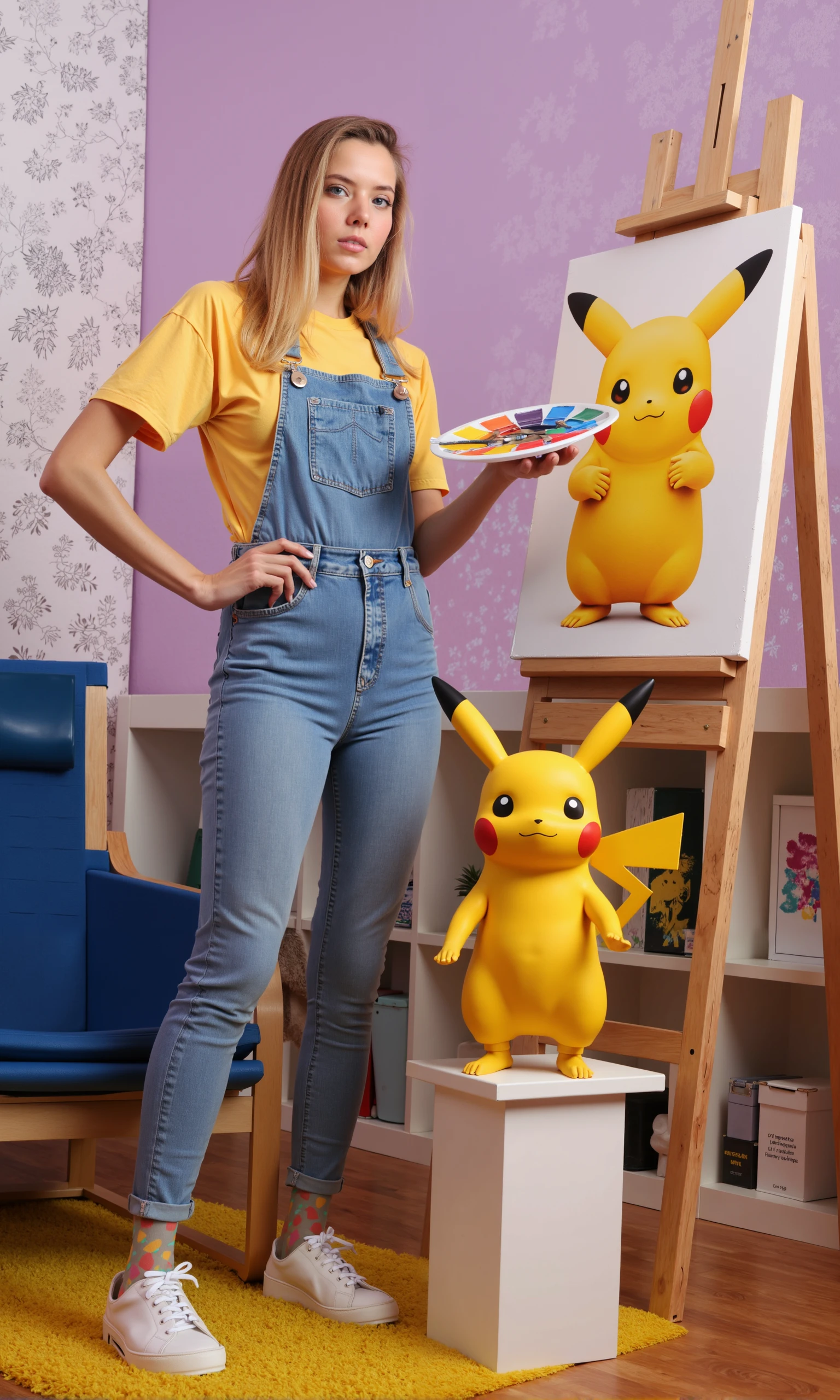 a surreal, vintage-inspired image featuring Clover, a Russian model with white skin and long blonde hair, holding a paint palette in one hand and a paintbrush in the other. Clover is standing in a softly lit room, her blonde hair flowing smoothly past her shoulders. She’s dressed in relaxed blue denim overalls layered over a soft yellow t-shirt, capturing a casual, artistic look.

Her pose is poised and focused, as she slightly leans toward an easel, painting an anime-style Pikachu on the canvas. In her left hand, she holds a vibrant paint palette, while her right hand delicately guides the brush across the canvas. Her expression is calm yet creative, with her gaze fixed on her work, fully immersed in the moment.

Instead of a goose, a Pikachu figure now stands on a pedestal beside her, its bright yellow color contrasting with the room's soft pink wallpaper. The Pikachu figure mirrors the character Clover is painting, creating a whimsical, playful connection between reality and art.

The room has a warm, nostalgic vibe, with vintage furniture such as a blue armchair, a decorative rug, and a wooden console adorned with plants and small trinkets. The soft lavender walls and floral patterns create a cozy, dreamlike atmosphere.

The mood is creative, playful, and slightly surreal, blending the vintage charm of the setting with the modern, animated world Clover is bringing to life through her art