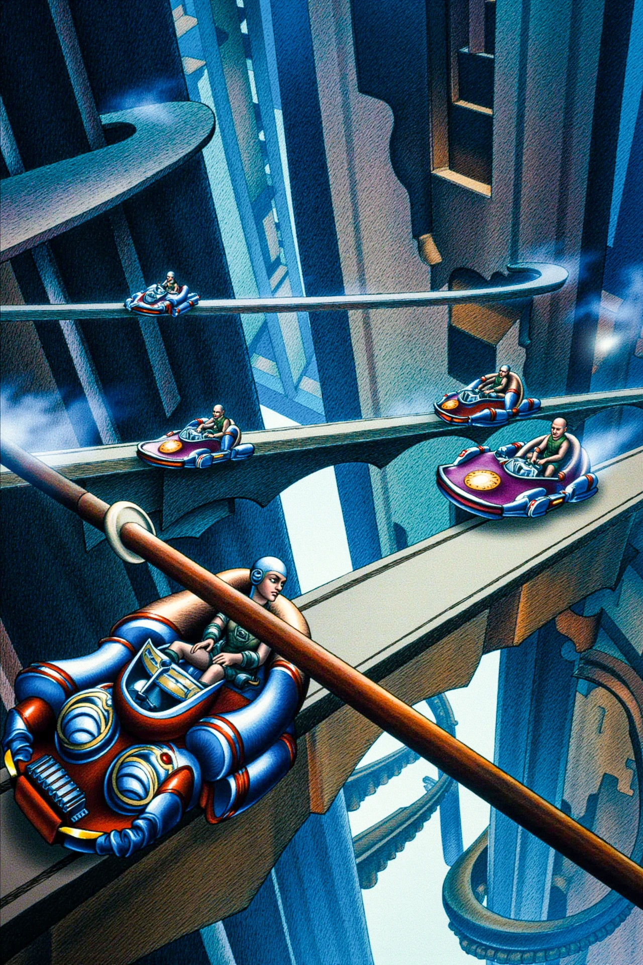 "A high-stakes race through a futuristic cityscape, where gravity-defying vehicles speed along impossible tracks suspended between skyscrapers. The racers are a mix of humans and aliens, each piloting a uniquely designed vehicle that reflects their culture and personality. The city is a neon-lit labyrinth, with towering buildings, sharp turns, and deadly traps. The race is broadcast to billions across the galaxy, and the atmosphere is electric, with the thrill of competition and the danger of the track creating a pulse-pounding scene." <lora:fantastic_planet_v1:1>