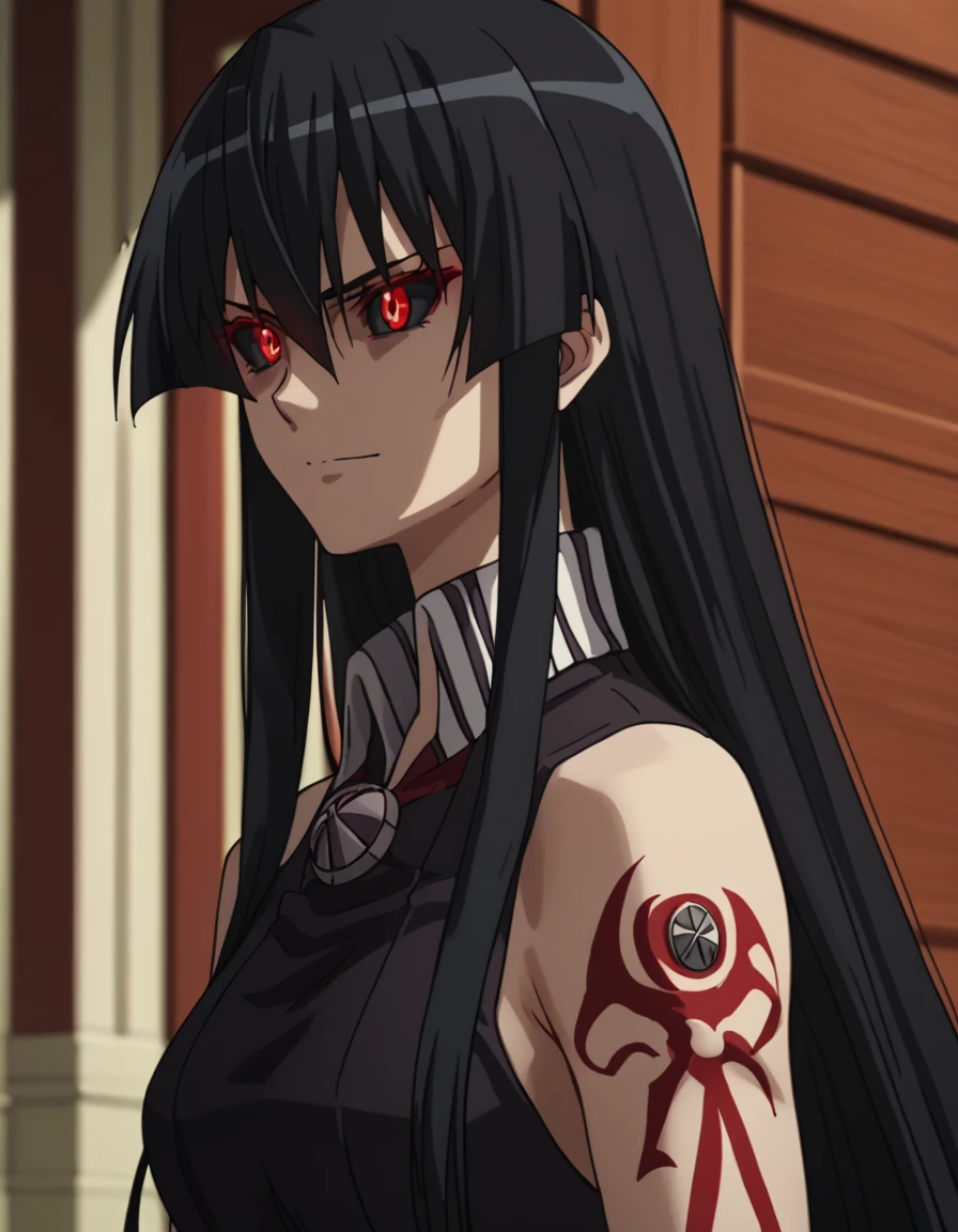 score_9, score_8_up, score_7_up, score_6_up, score_5_up, score_4_up, source_anime  <lora:AkamegaKill:1>, wide shot, soft smile Akame, long hair, black hair, red eyes, tattoo, slit pupils, colored sclera, serious, hime cut, black sclera, glowing eyes,