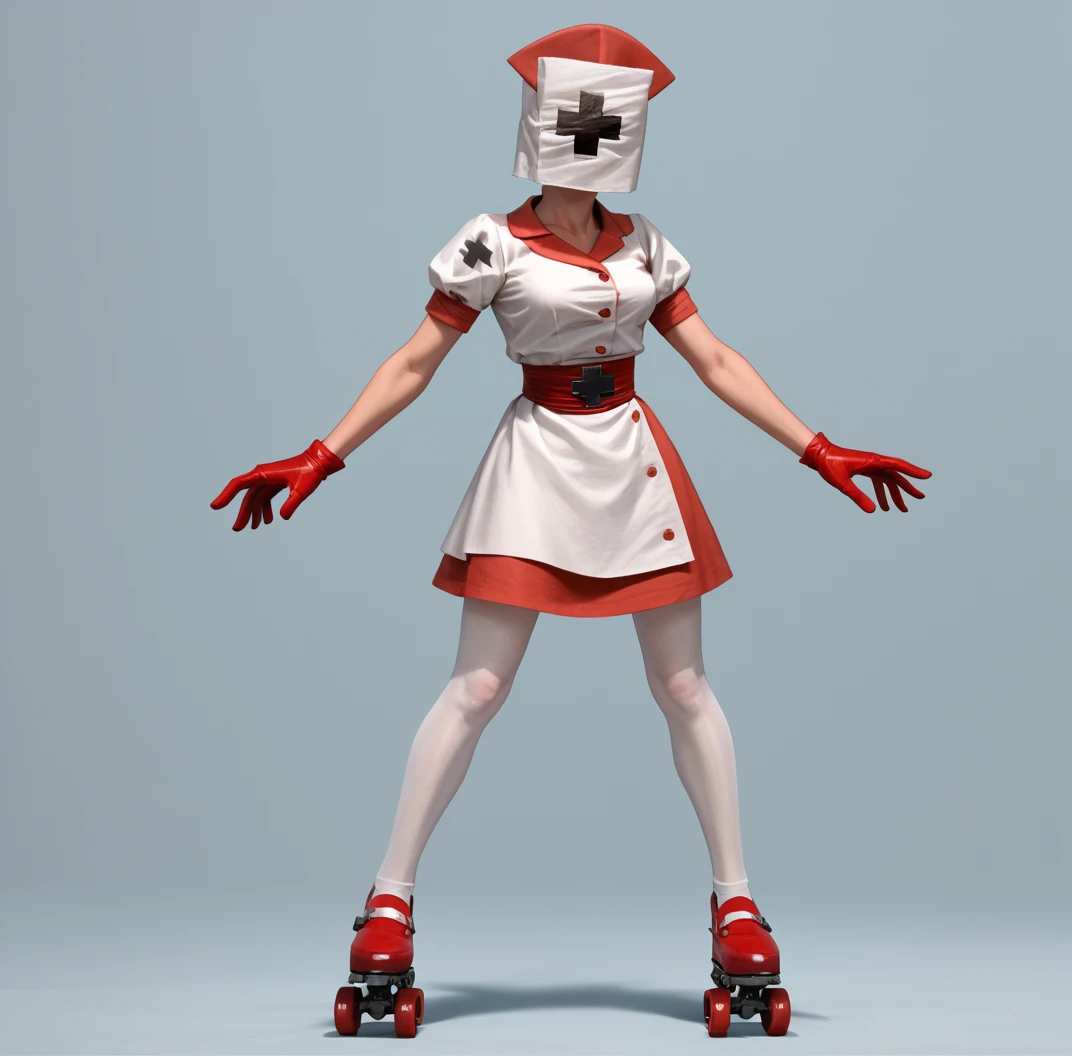 score_9, score_8_up, score_7_up, score_6_up, score_5_up, score_4_up, hud_r3aper_nrse, 1girl, solo, nurse, nurse cap, red gloves, dress, short sleeves, belt, white pantyhose, roller skates, <lora:hud_r3aper_nrse_XLP:0.8>