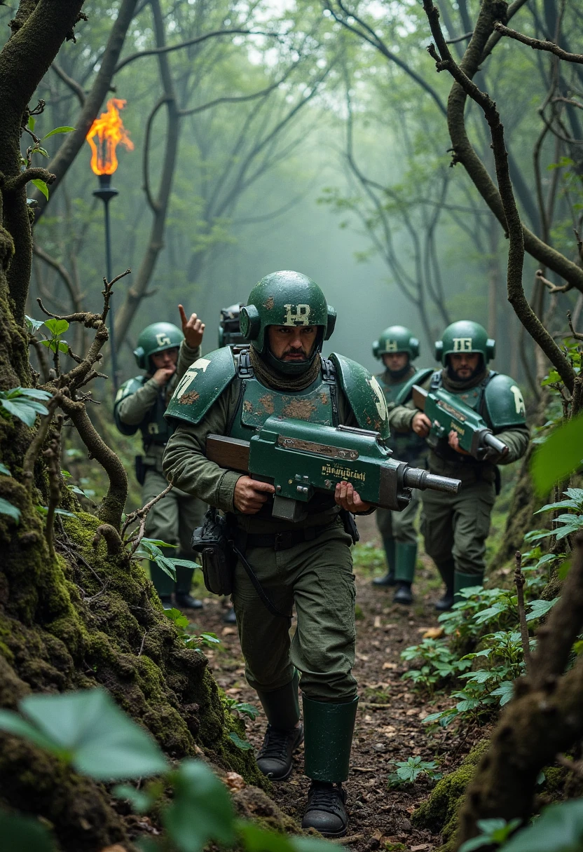 A squad of Cadian Guardsmen moves cautiously through a dense, alien jungle, their lasguns raised and scanning for threats. The jungle is thick with twisted vines and strange, glowing plants, and the sounds of unknown creatures echo through the trees. The Guardsmen’s armor is scratched and dirty, their movements deliberate as they navigate the hostile terrain. One soldier raises a hand, signaling a halt as something stirs in the shadows ahead. The tension is palpable as the squad prepares for the unknown.