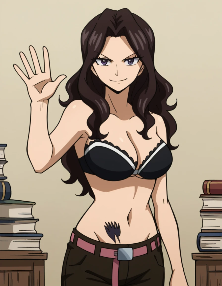 score_9, score_8_up, score_7_up, source_anime, <lora:cana-alberona-s7-ponyxl-lora-nochekaiser:1>, cana alberona, long hair, black hair, purple eyes, wavy hair, parted bangs, large breasts,, navel, cleavage, belt, pants, bra, tattoo, black bra,, bookstore, browsing shelves, new book smell, finding a favorite, quiet atmosphere, smile, looking at viewer, hand waving, solo,, cowboy shot, dutch angle