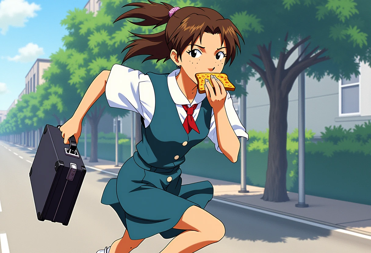 A detailed portrait of horaki hikari. She has dark brown hair.
Anime style, sharp, high contrast and highly detailed, high resolution. Ghibli anime style. Perfect anatomy. Perfect body ratio. No oversized head. No blurry, out of focus pictures. No simple background, no single color background.
She dressed in a school uniform with a tie and vest. She is running, holding a black briefcase in one hand while biting onto a slice of toast that is sticking out of their mouth. The dynamic pose, with one arm extended forward and the other holding the briefcase, conveys a sense of urgency, as if the character is late for school or in a hurry. She is running along city street. She isn't touching the toast by her hand. 
<lora:Hikari Horaki - Flux Prototype_epoch_2:1>