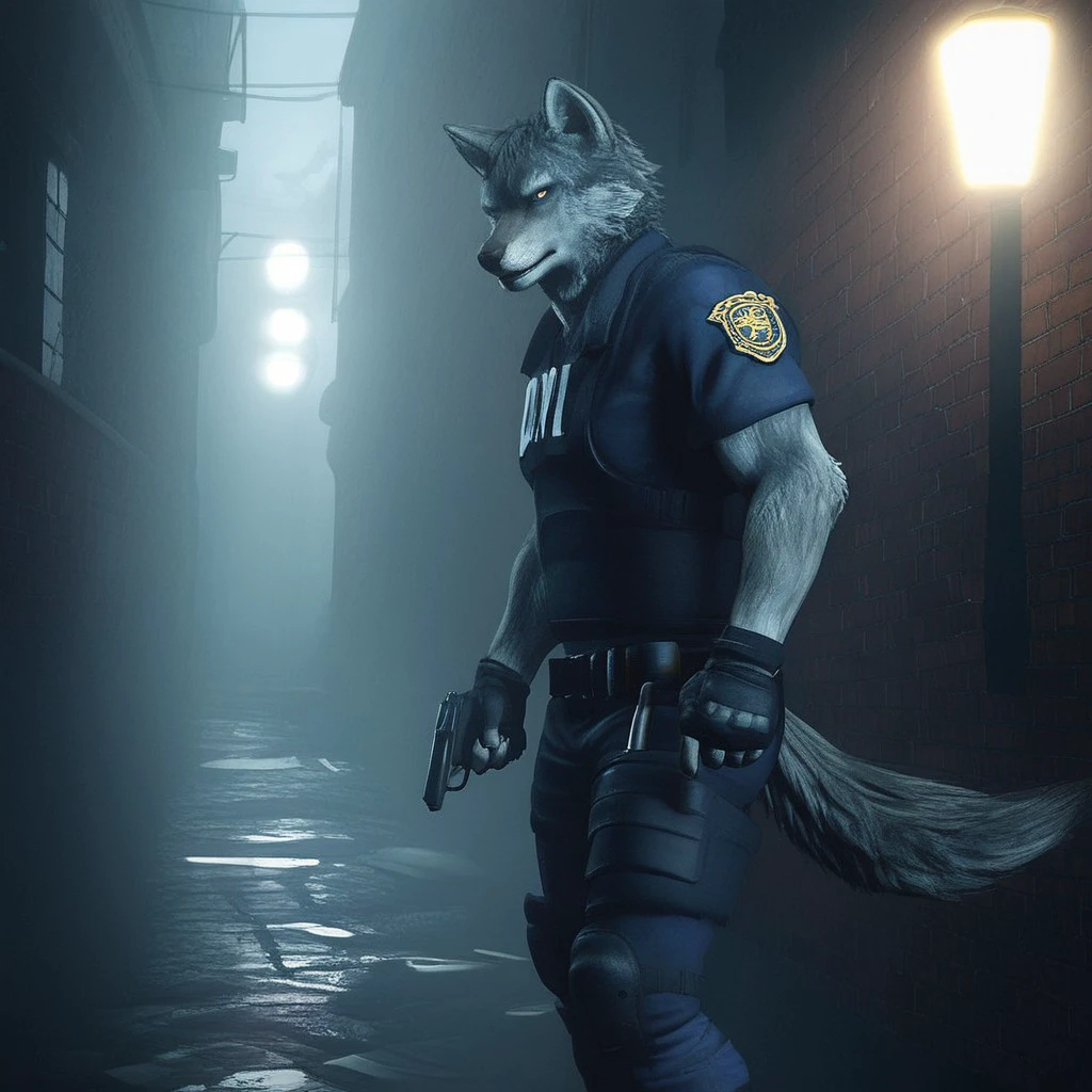 RE_Engine, solo, male, furry, wolf, long tail, police uniform, holding a hand gun, semi muscular, black fingerless gloves, hand on doorknob, opening a wooden door, dim street lamps, street alley, night