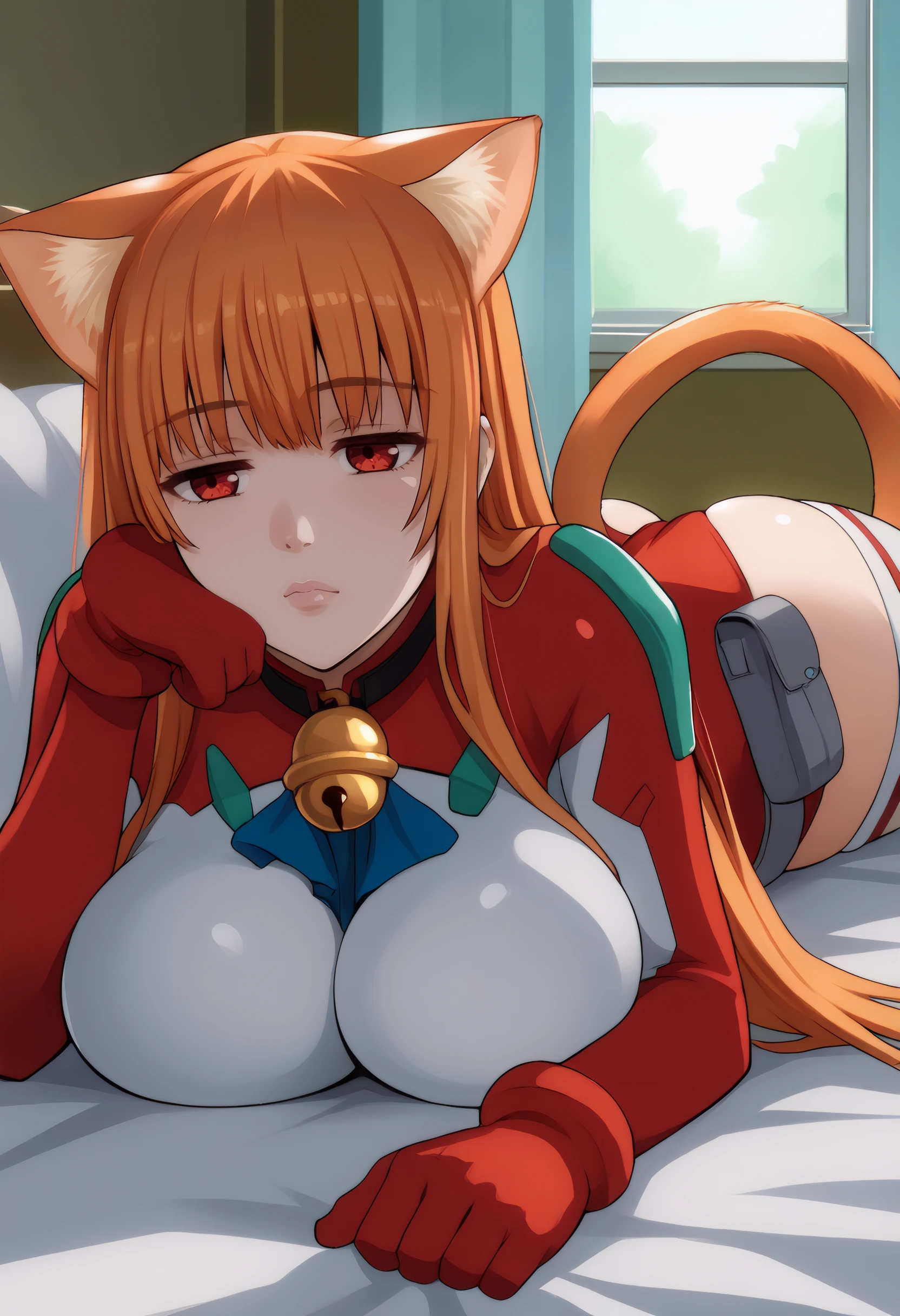 score_9, score_8_up, score_7_up, source_anime BREAK 1girl, 
<lora:ErisDefault_Dwnsty:1>, eris_cpc, orange hair, long hair, straight hair, red eyes, animal ears, cat ears, cat tail, jingle bell, neck bell, red leotard, bodysuit, impossible clothes, red gloves, white thighhighs, pouch, loose belt, grey belt, red footwear, skin tight, arms up, head rest, curled up, on stomach, lying, breast press
large breasts, lips, sleepy, half-closed eyes, 
indoors, bedroom, on bed, bed sheet, window, curtains, day,