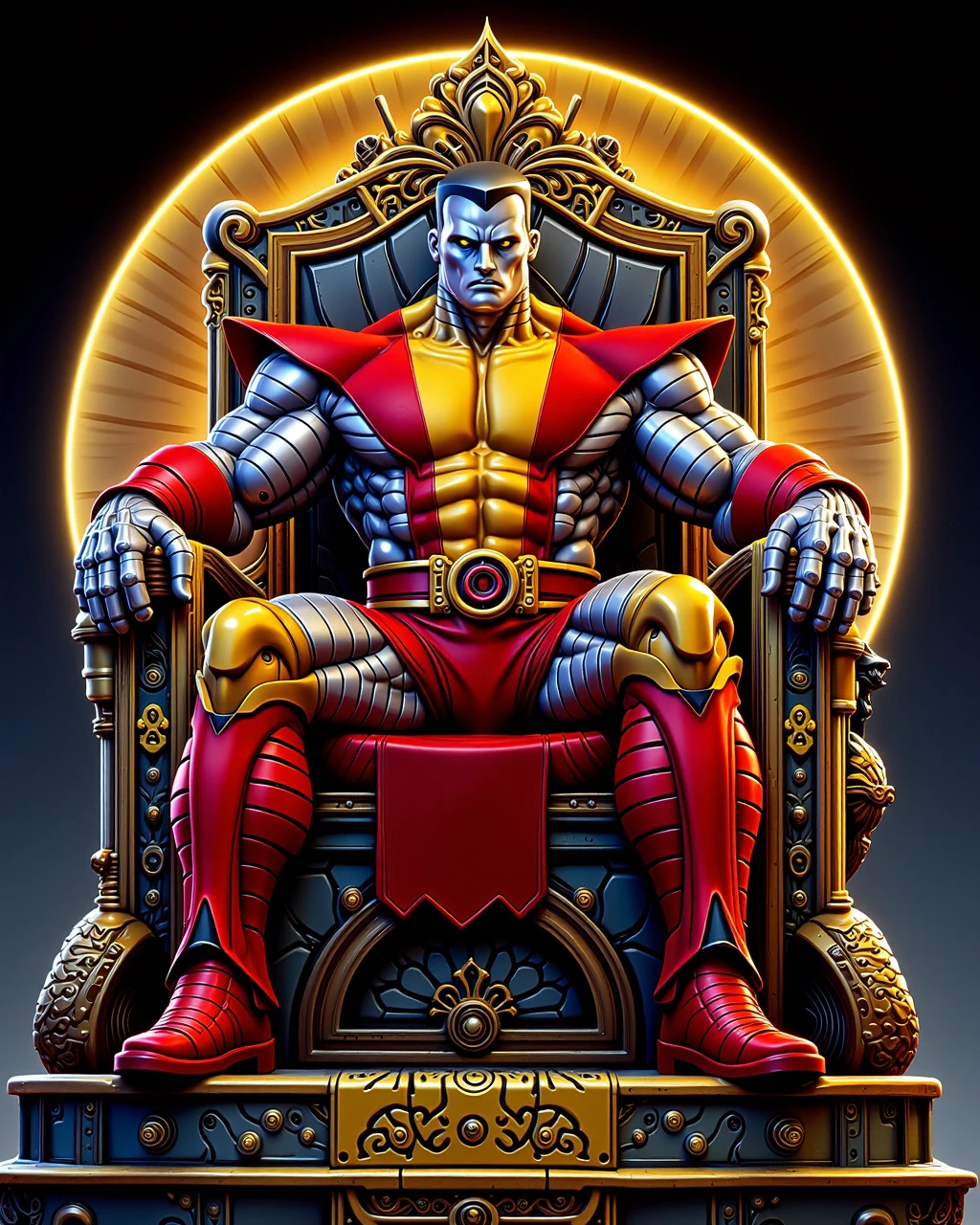 aiai-C0l0ssus, emperor colossus sitting on the steel throne, ornate and intricate red and yellow, bored pose