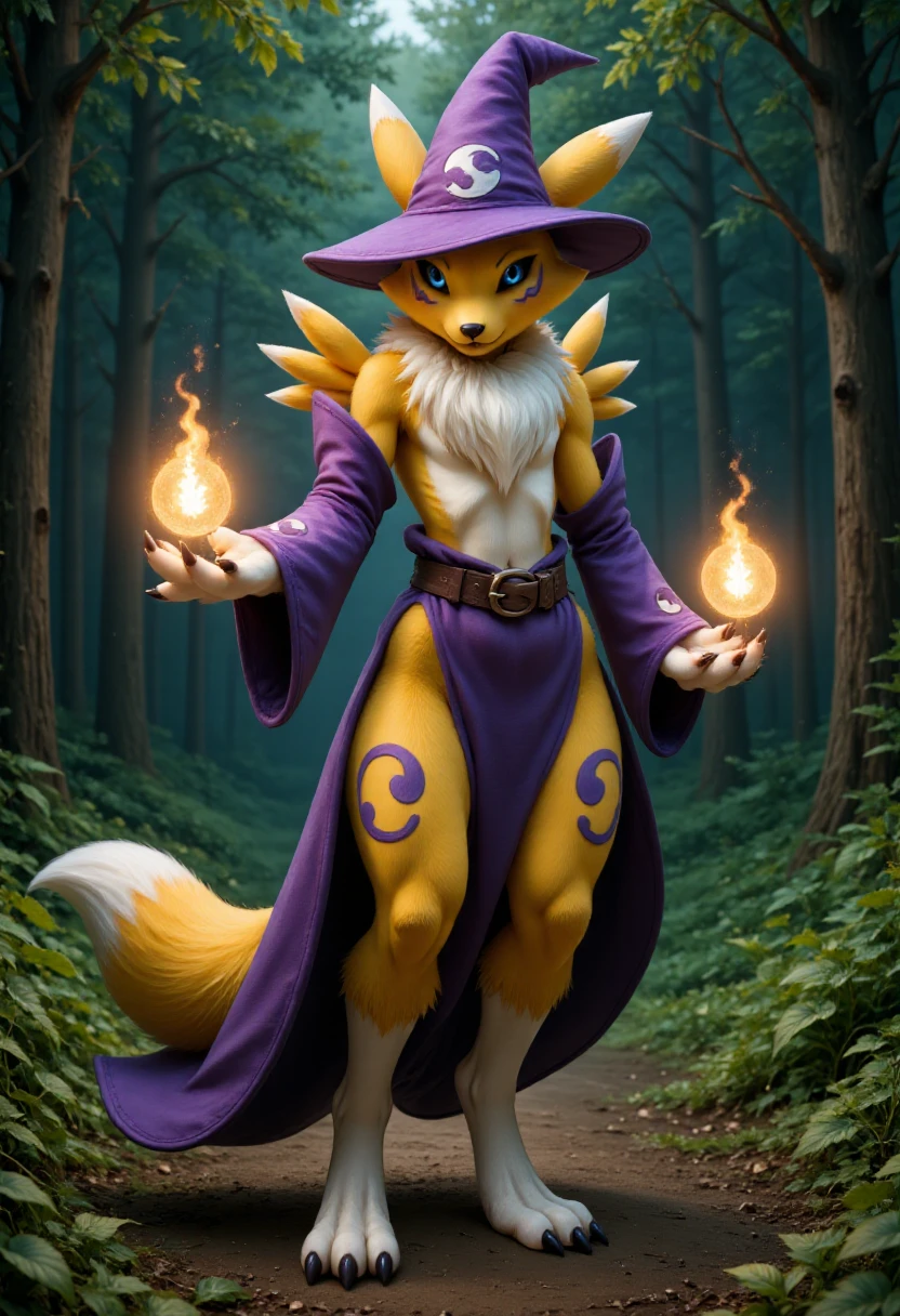 A photorealistic portrait of renamon, digimon girl with yellow fur, dressed as a sorceress including robe and wizard hat, casting magic spells in a dark forest. 