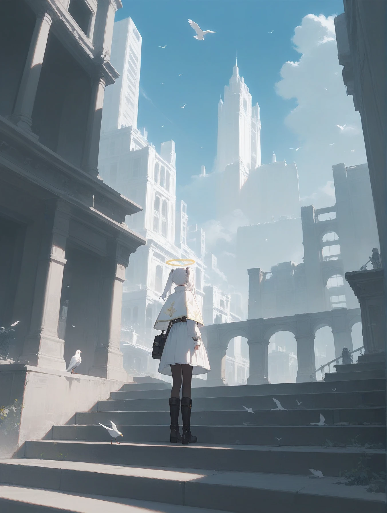(score_9,score_8_up,score_7_up),1girl,solo,white hair,long hair,white dress,dress,outdoors,standing,halo,holding,scenery,multiple girls,building,bird,ruins,day,capelet,wings,1girl,long sleeves,boots,angel,pantyhose,twintails,white capelet,wide shot,2girls,bangs,bag,stairs,city,