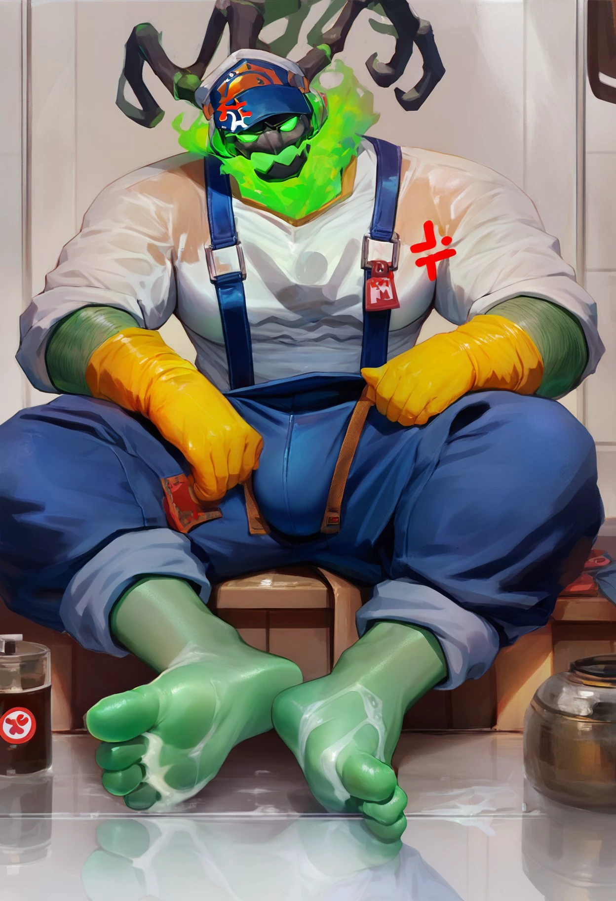 score_9,score_8_up,score_7_up,<lora:Thresh&Mordekaiser_PonyXLv03-000020:1>thresh_(cleaner), thresh, 1boy,wet,cum on body, feet focus,barefoot,wet_foot, male focus, bara, rubber gloves, solo, yellow gloves, muscular male, glowing eyes, gloves, muscular, pectorals, green skin, glowing, colored skin, horns, monster boy, large pectorals, bulge, overalls, full body, rag, arm hair, looking at viewer, anger vein, shirt, hat, reflection, feet, pants, pants rolled up, barefoot, antlers,