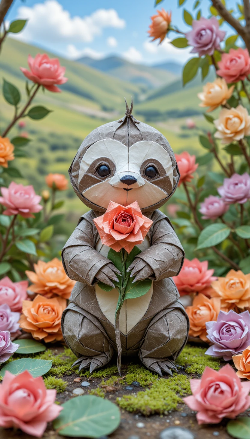 0r1gam1styl3, origami art,A cute tiny sloth hugging a rose, garden full of colorful roses, happy expression, floral garland