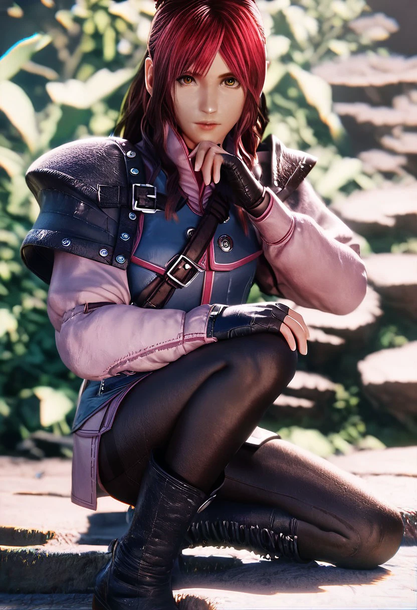 score_9, score_8_up, score_7_up,  score_6_up, score_5_up, Cissnei (final fantasy), 1girl, long hair, bangs, red hair, blue jacket, pink sleeves, leather shoulder armor, pantyhose, boots pants, fingerless gloves, brown eyes, FF14Style, solo, masterpiece