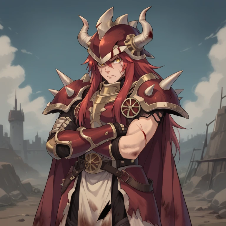 score_9, score_8_up, score_7_up, score_6_up, source_anime, BREAK, <lora:GulcasaPonyXL:0.7> , guldef, 1boy, red hair, long hair, yellow eyes, armor, full armor, spikes, shoulder armor, horned helmet, spiked helmet, horned headwear, shoulder spikes, cape, red cape, pauldrons, gauntlets, greaves, solo,cowboy shot, looking at viewer, serious expression, angry, crossed arms, <lora:zy_Detailed_Backgrounds_v1:0.3> , detailed background, highly detailed, exterior, castle, fortress,  daytime, battlefield, wasteland, <lora:OldAnimeStyle_PonyXL:0.5> , Vintage, 1990s \(style\),  cuts, bruises, damaged, torn clothes, blood,