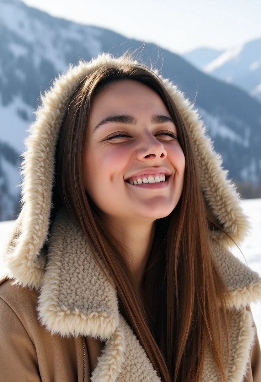 a photo of janinauhse. She has her eyes closed and a dreamy and satisfied facial expression. She is wearing a warm winter fur coat and hood with fur lining. The background is blurry and shows a snowy winter landscape on a sunny winter day.