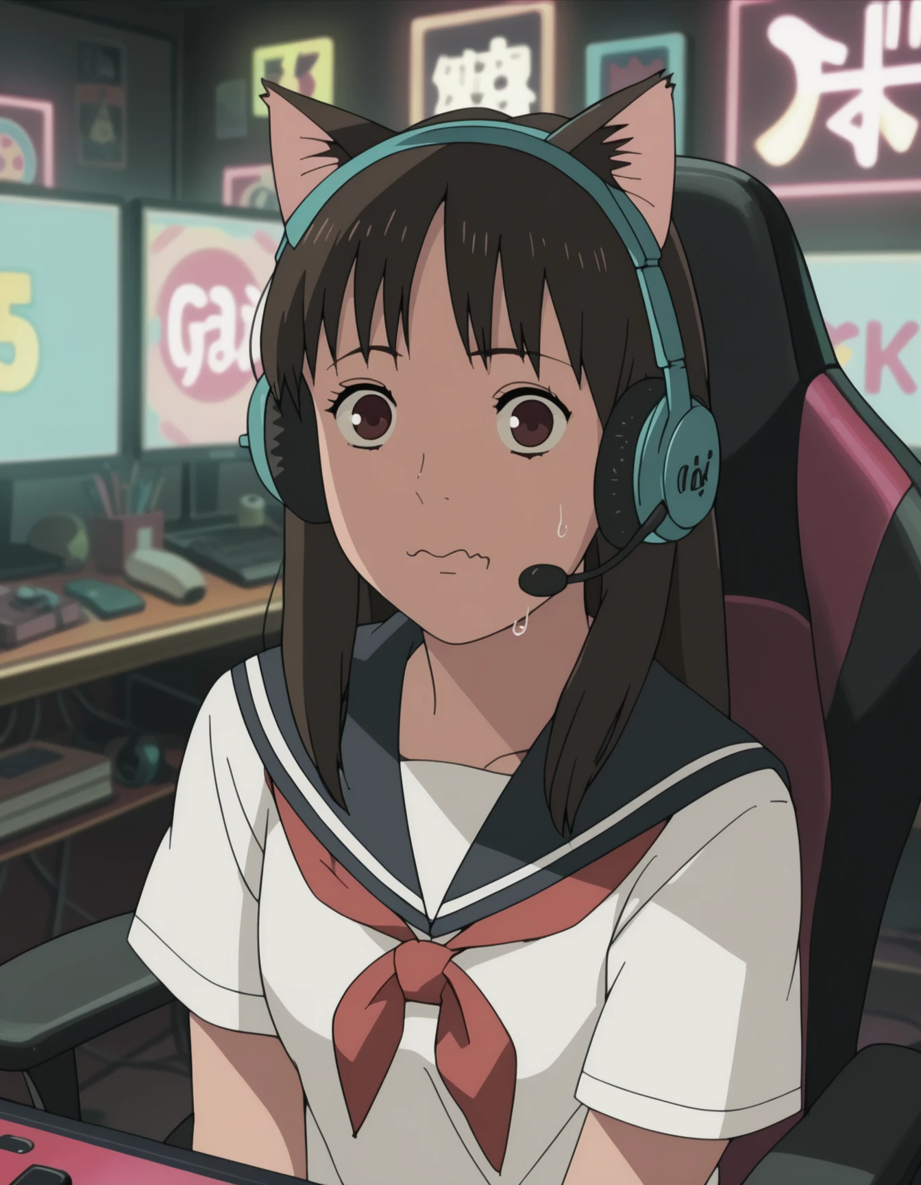 score_9,  score_8_up, score_7_up, <lora:izumi-maho-prodigy-ponyxl-000008:1> ishiguroizumi, serafuku, 1girl, headset, gaming chair, cat ear headphones, neon lights, sweat, wavy mouth, monitor