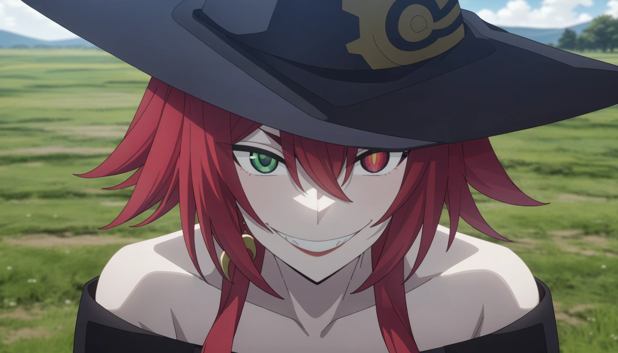 <lora:Crimson-DoRA_V1:0.85>
very aesthetic, newest, best quality, masterpiece, absurdres, crm, grin, looking at viewer, single earring, black dress, bare shoulders, black headwear, witch hat, portrait, field, day