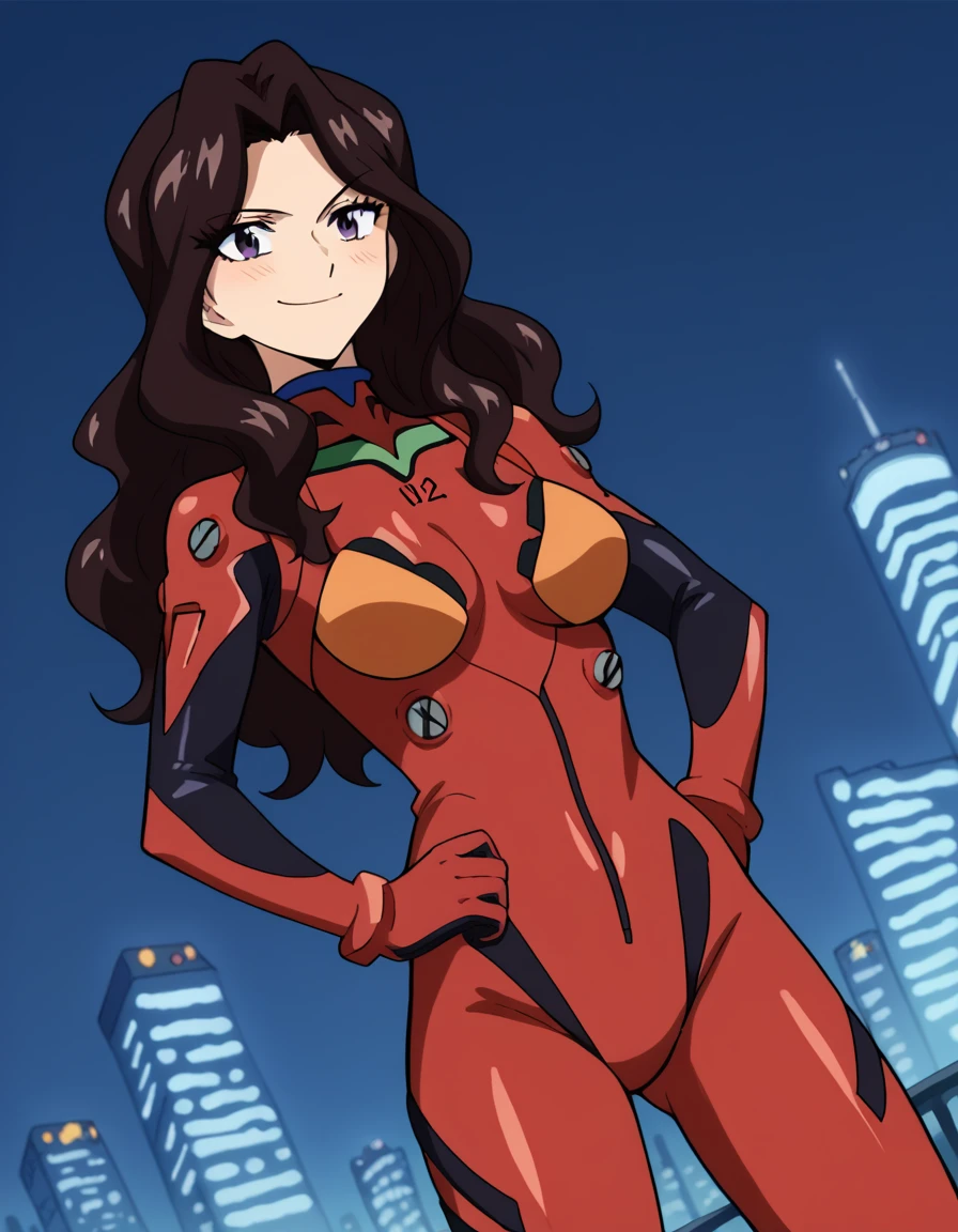 score_9, score_8_up, score_7_up, source_anime, <lora:cana-alberona-s7-ponyxl-lora-nochekaiser:1>, cana alberona, long hair, black hair, purple eyes, wavy hair, parted bangs, large breasts,, <lora:souryuu-asuka-langley-cosplay-ponyxl-lora-nochekaiser:1>, souryuuasukalangleycosplay, souryuu asuka langley (cosplay), bodysuit, pilot suit, plugsuit, red bodysuit, interface headset,, cityscape, smile, blush, hands on hips,, , cowboy shot, dutch angle