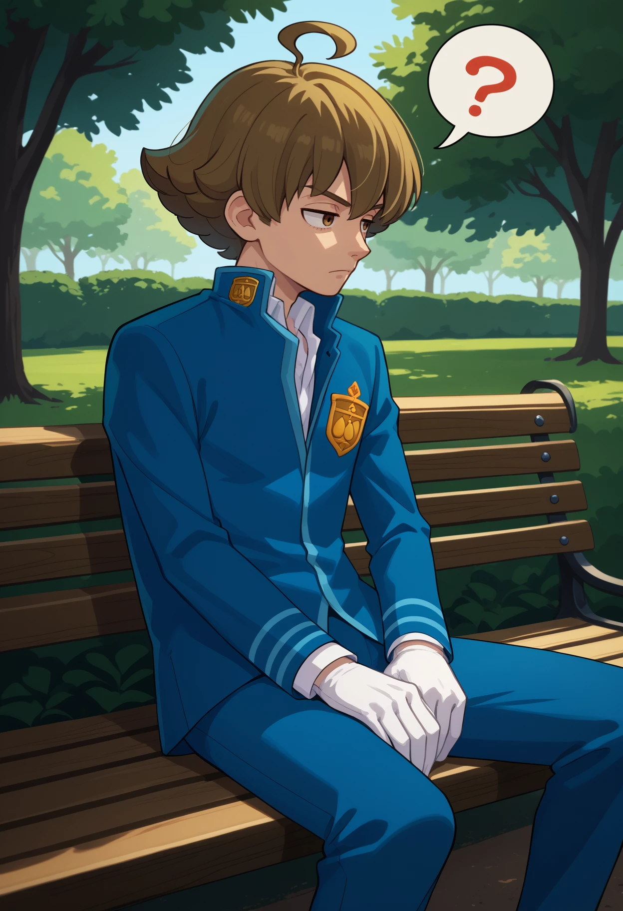 score_9, score_8_up, score_7_up, source_anime, <break> solo, male focus, 1boy, eustace w1nner, expressionless, looking away, sitting, park bench, spoken question mark, flipped hair, ahoge, school uniform, blue jacket, badge, long sleeves, white shirt, white gloves, blue pants, outdoors
<segment:yolo-face_yolov8m.pt,0.4,0.5//cid=1>