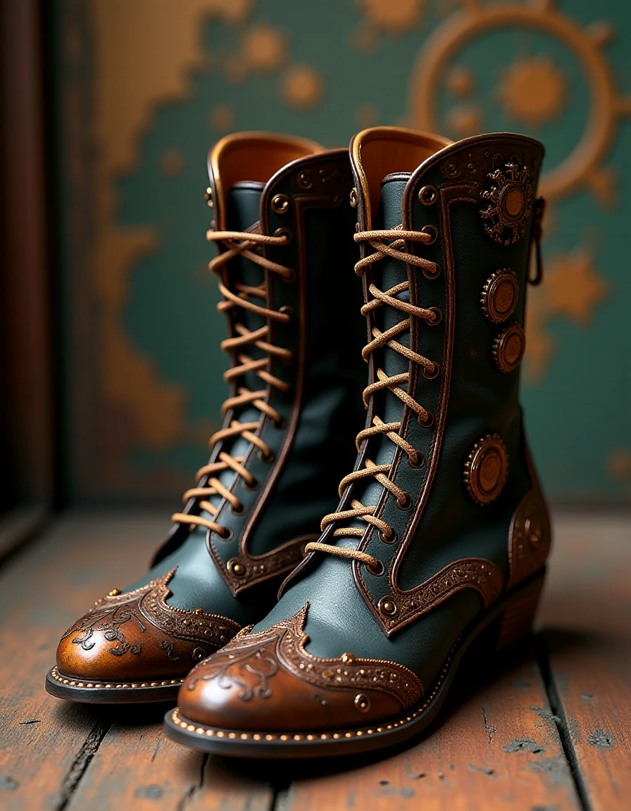 a Jed-stmpnk pair of shoes  , steampunk,    <lora:fluxsteampunk-000012:1>,