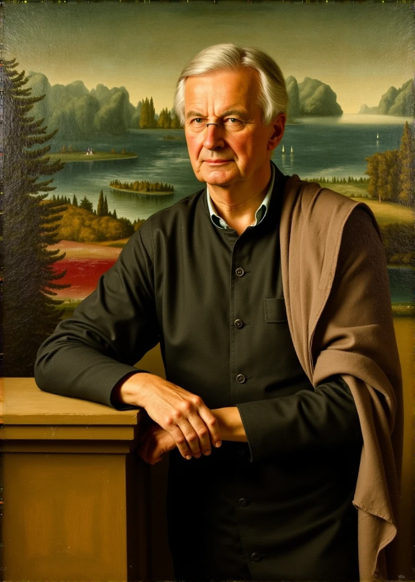 a classical oil painting, depicting 75 years old man Michel Barnier with glasses, an iconic work by Leonardo da Vinci like mona lisa. The painting features a portrait of Michel Barnier with a subtle smile, set against a background of a landscape with a river and distant mountains. He is dressed in a dark, form-fitting outfit with a light brown shawl draped over his left shoulder. his right hand rests on a ledge, while his left hand is folded over her right, both hands positioned gracefully in front of him. The background is a muted, earthy brown and green, with hints of blue, suggesting natural setting. The painting has a rich, textured surface, with visible brushstrokes that add depth and realism to the subject. The lighting is soft and even, highlighting the subject's features and creating a gentle, warm glow around him. The overall mood of the painting is calm and contemplative, emphasizing the subject's enigmatic expression and the harmonious blending of natural and human elements.